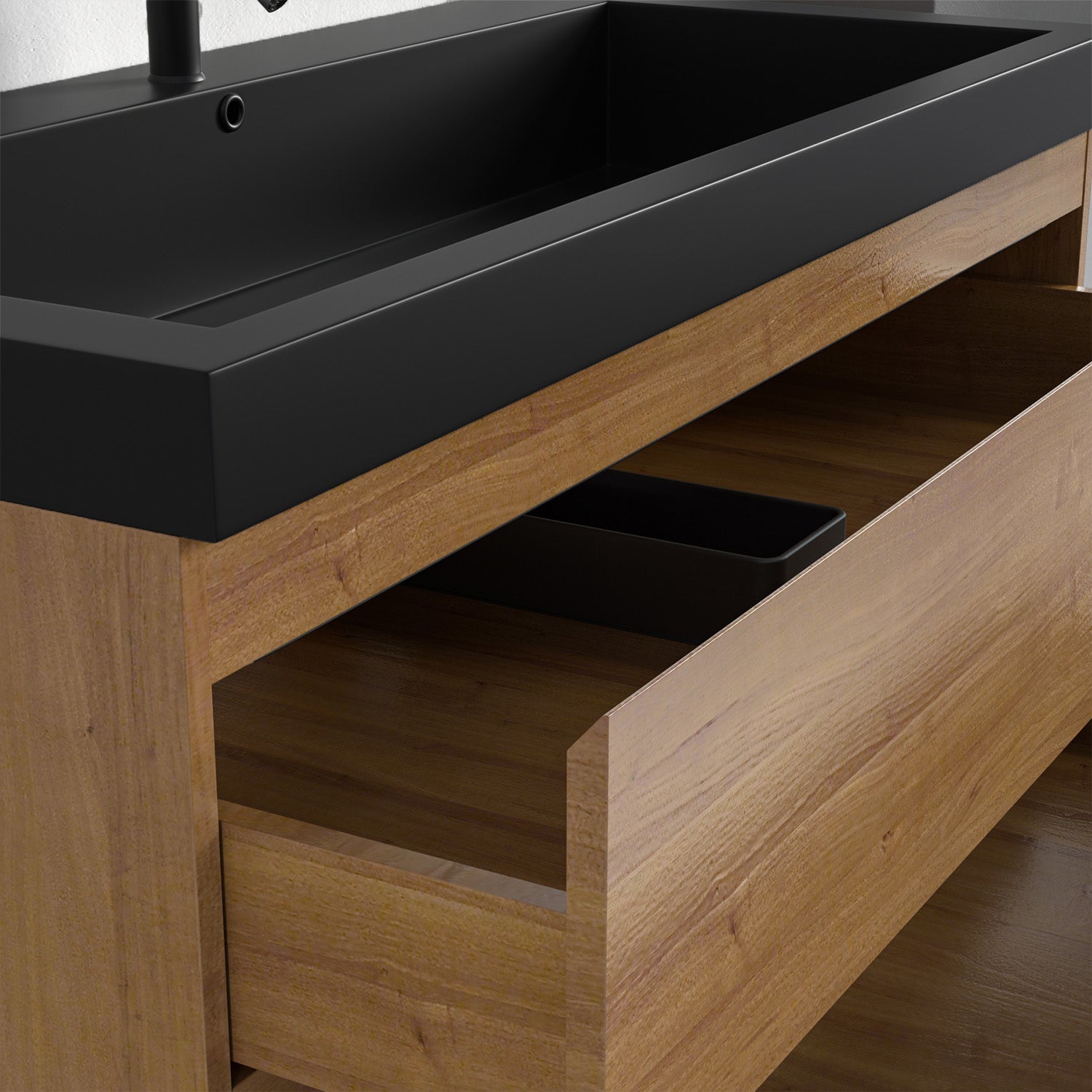 Badmöbel-Set AVALON 100 cm - Mit Hochschrank - Warmes Eichenholz - Waschbecken Schwarz