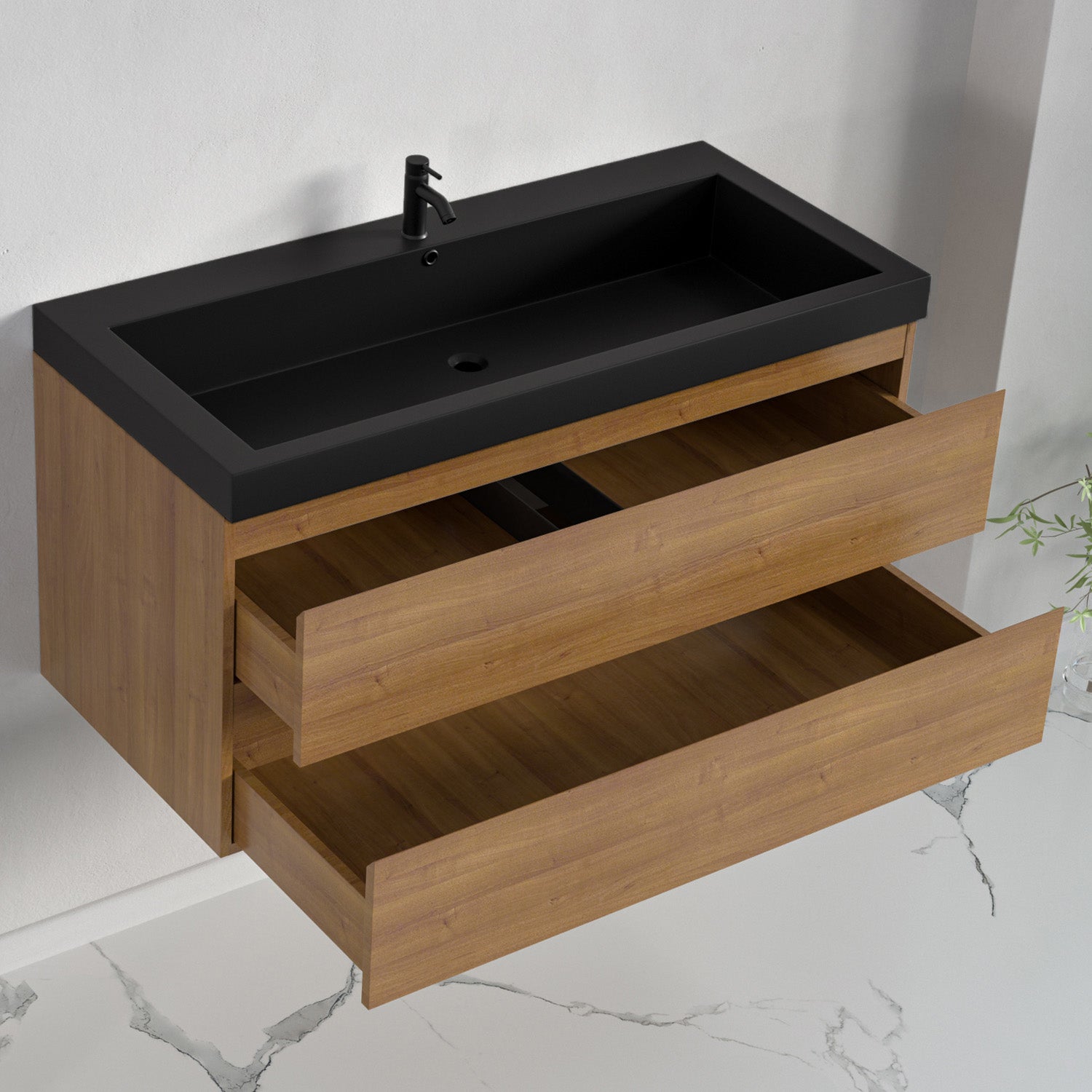 Badmöbel-Set AVALON 100 cm - Mit Hochschrank - Warmes Eichenholz - Waschbecken Schwarz