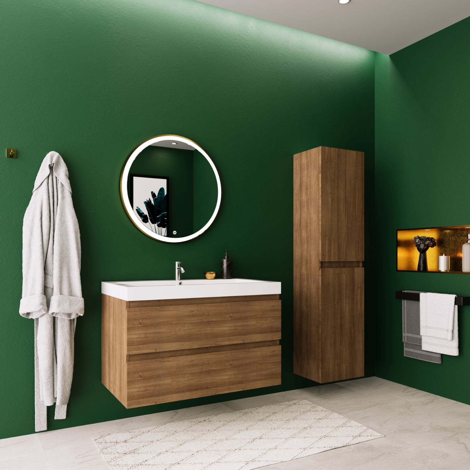 Badmöbelset AVALON 80 cm - Mit Hochschrank - Warmes Eichenholz - Waschbecken Weiß