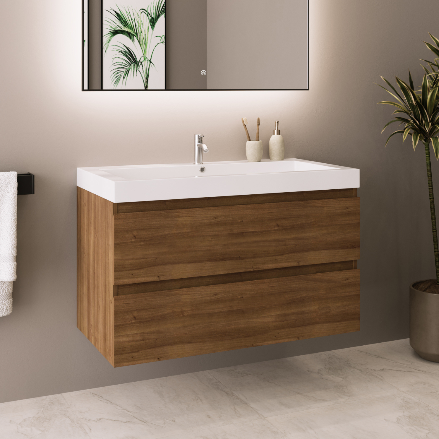 MONACO Warmes Eichenholz - Waschbecken weiß - 80 cm