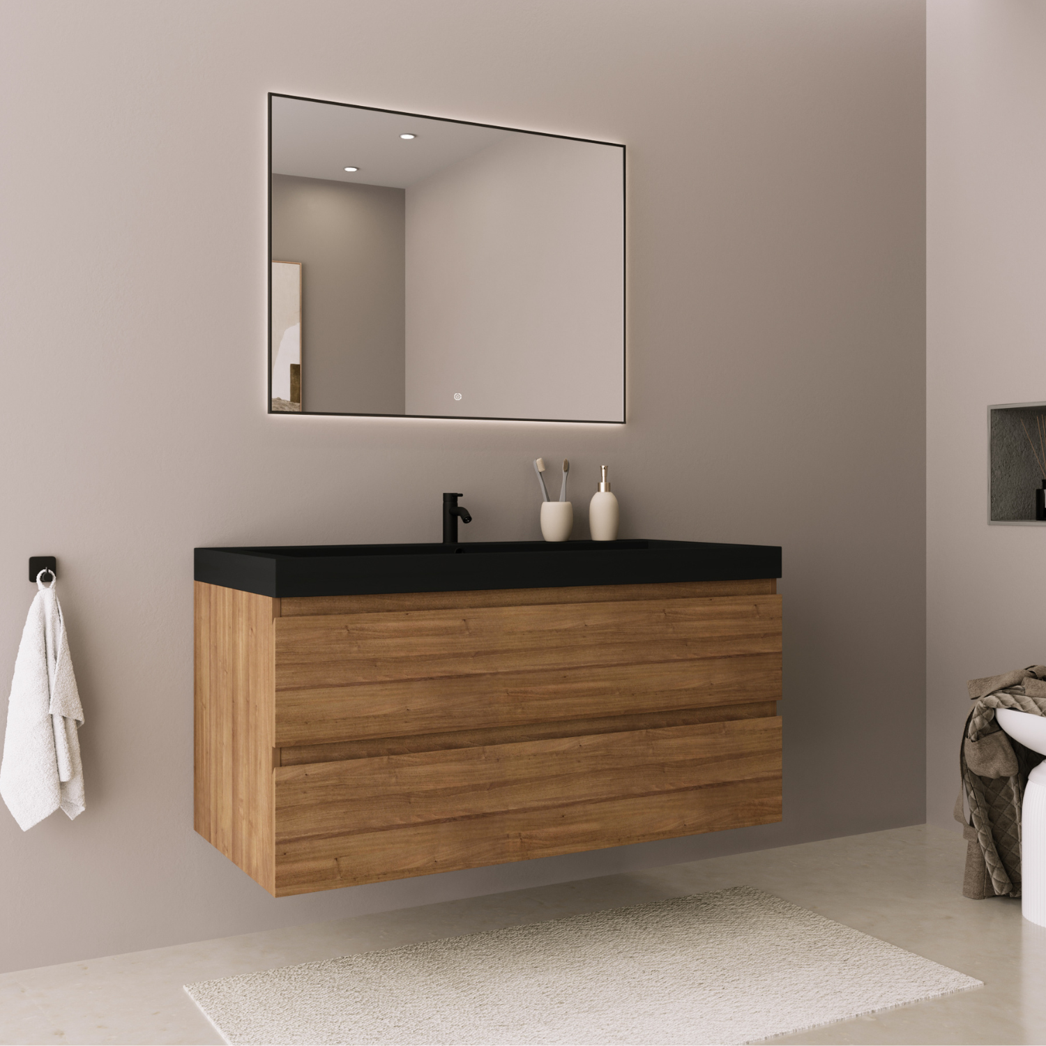 Badmöbel-Set AVALON 100 cm - Mit Hochschrank - Warmes Eichenholz - Waschbecken Schwarz
