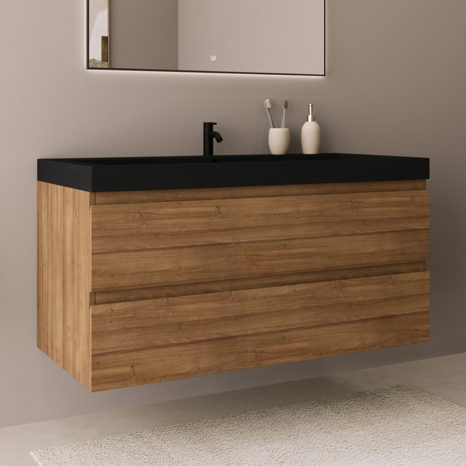 MONACO Warmes Eichenholz - Waschbecken Schwarz - 100 cm