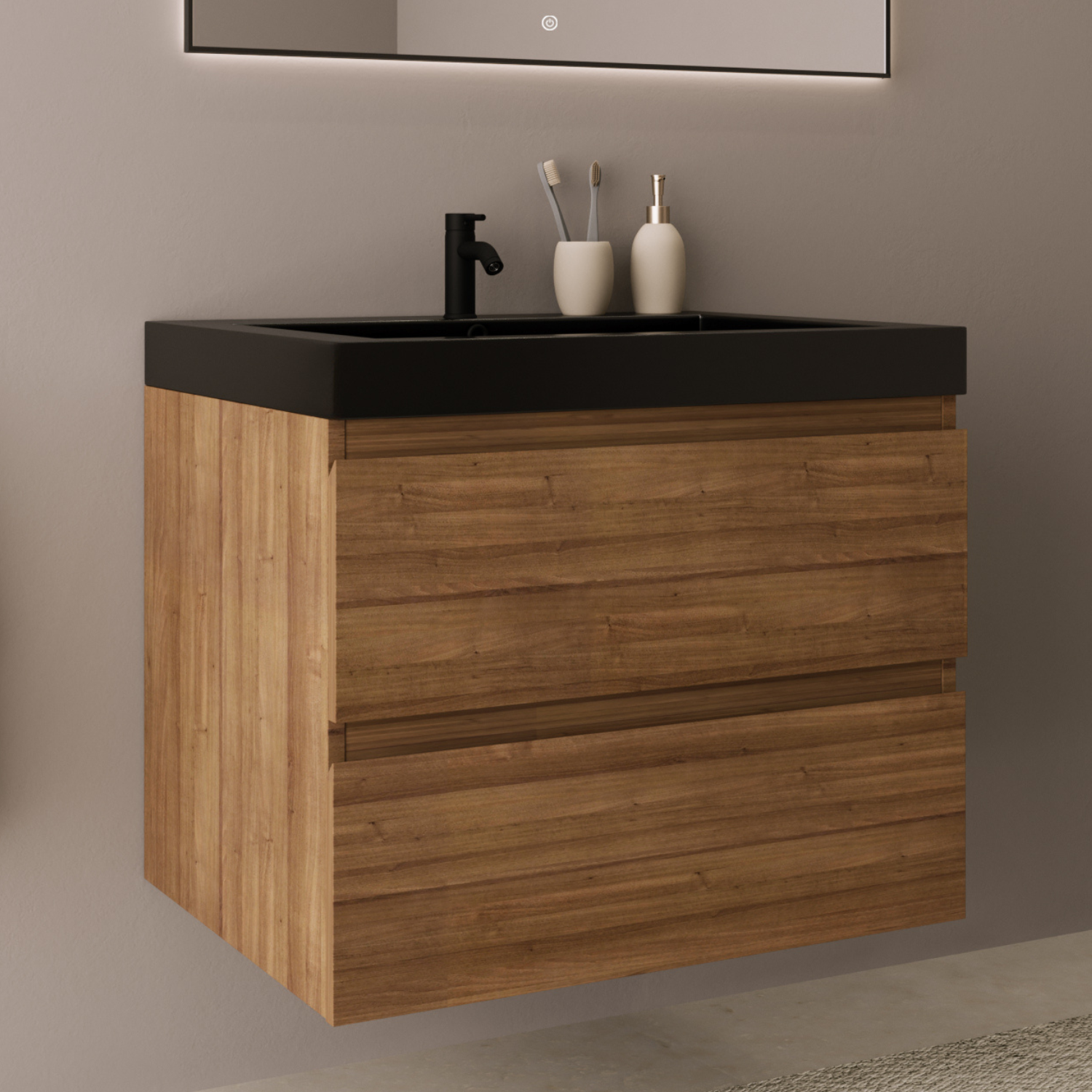 Badmöbelset AVALON 60 cm - Mit Hochschrank - Warmes Eichenholz - Waschbecken Schwarz