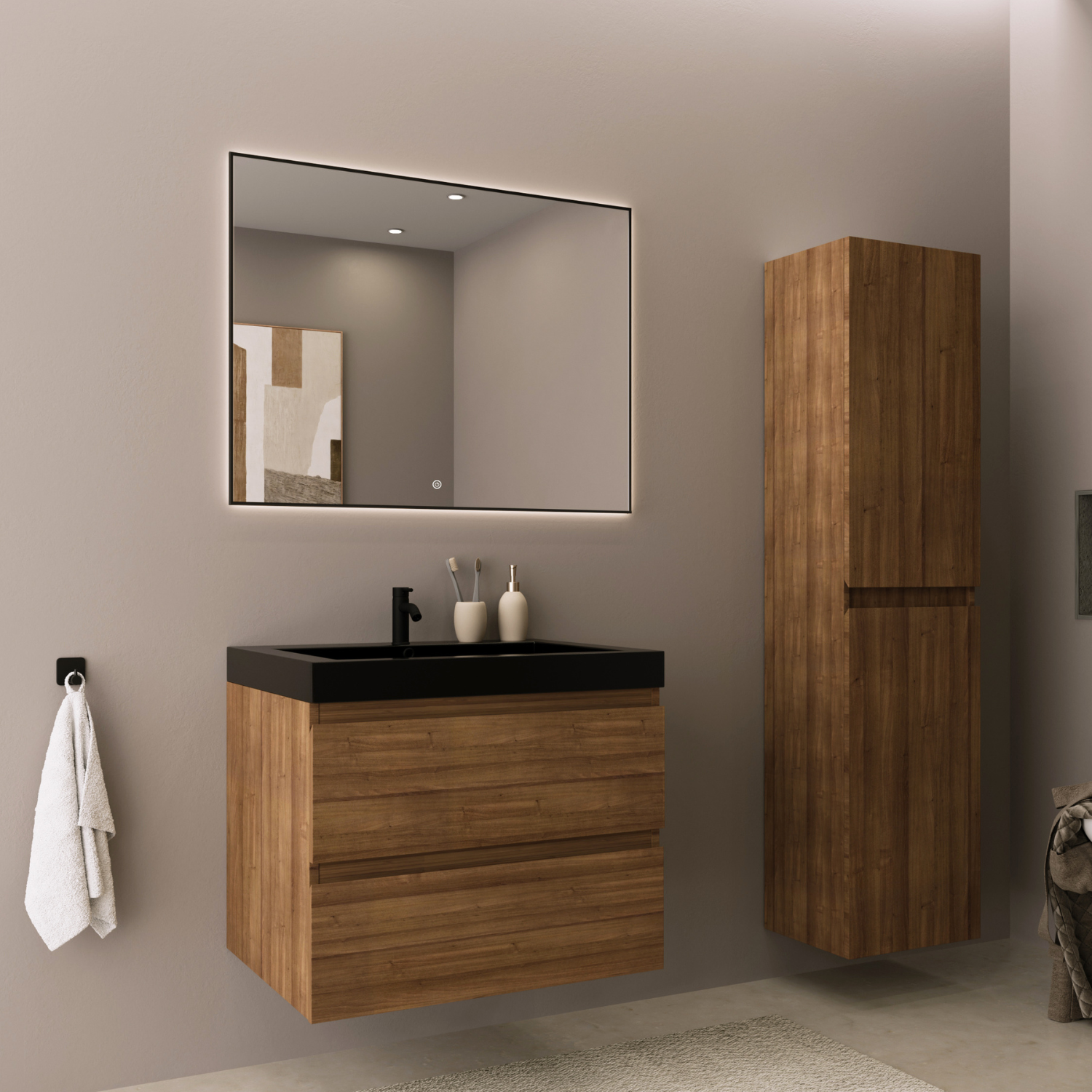 Badmöbelset AVALON 60 cm - Mit Hochschrank - Warmes Eichenholz - Waschbecken Schwarz