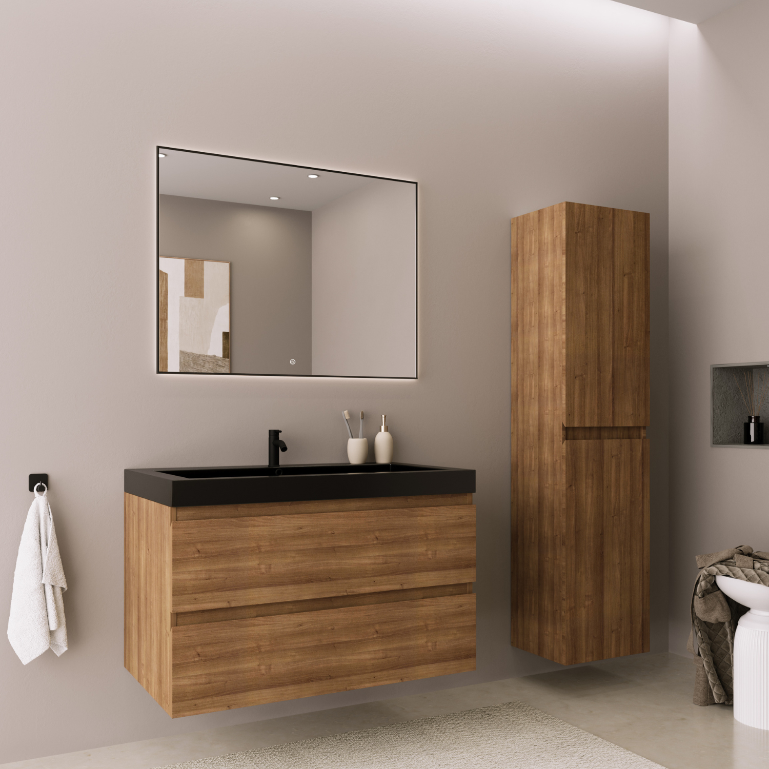 Badmöbelset AVALON 80 cm - Mit Hochschrank - Warmes Eichenholz - Waschbecken Schwarz