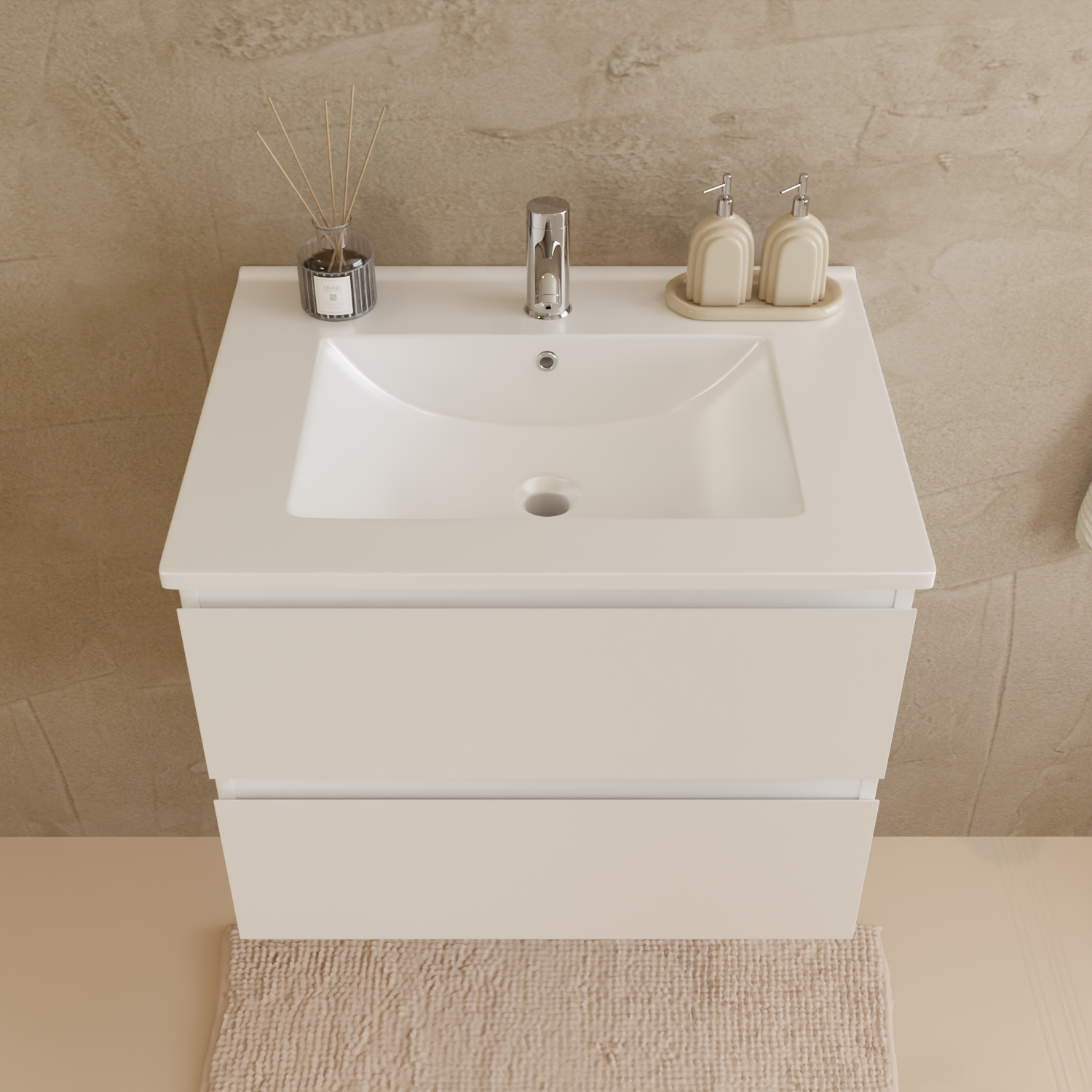 Badmöbelset VERONA 60 cm - Mit Hochschrank - Glänzend Weiß - Waschbecken Weiß