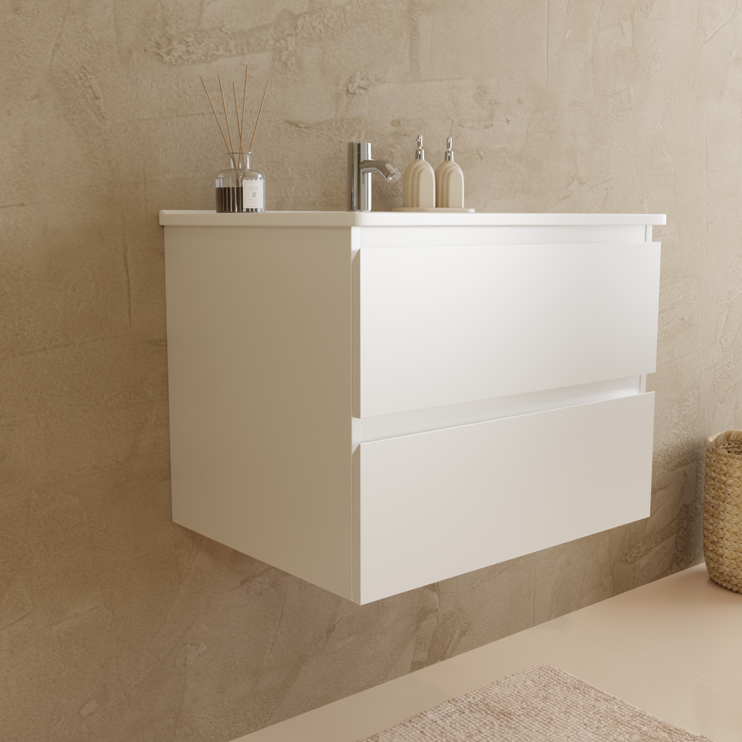 Badmöbelset VERONA 60 cm - Mit Hochschrank - Glänzend Weiß - Waschbecken Weiß