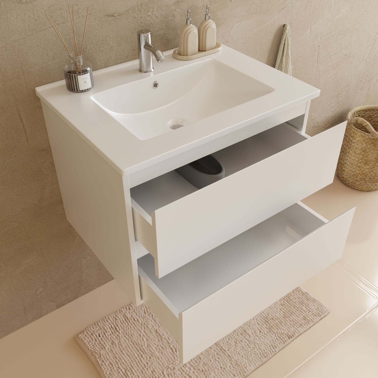 Badmöbelset VERONA 60 cm - Mit Hochschrank - Glänzend Weiß - Waschbecken Weiß