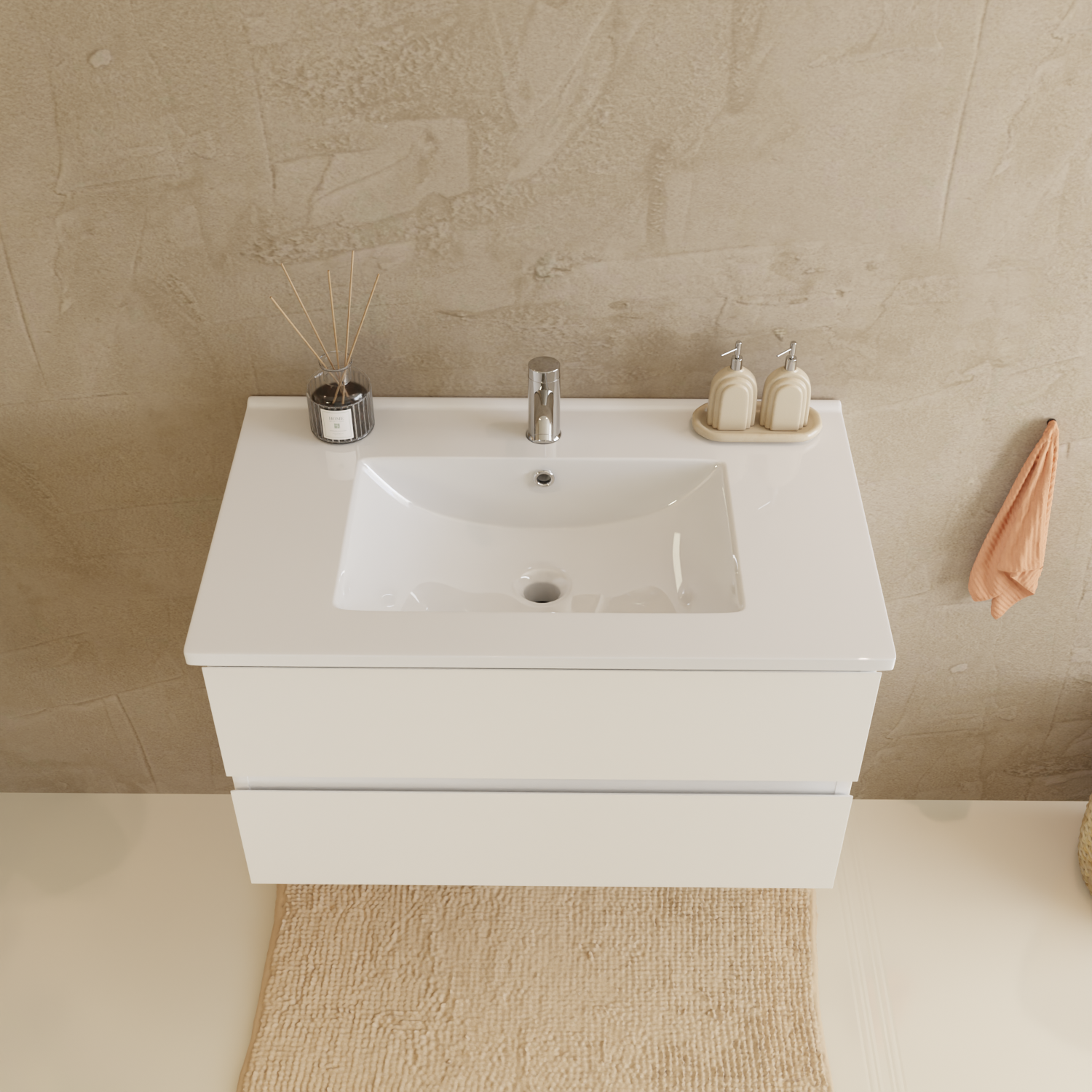 Badmöbelset VERONA 80 cm - Mit Hochschrank - Glänzend Weiß - Waschbecken Weiß