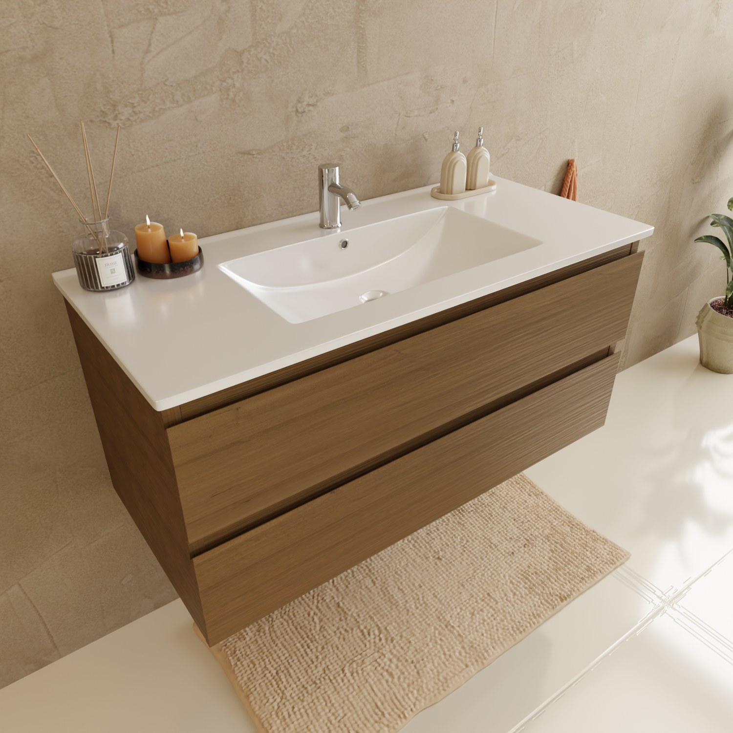 MARENZA Warmes Eichenholz - Waschbecken weiß - 100 cm