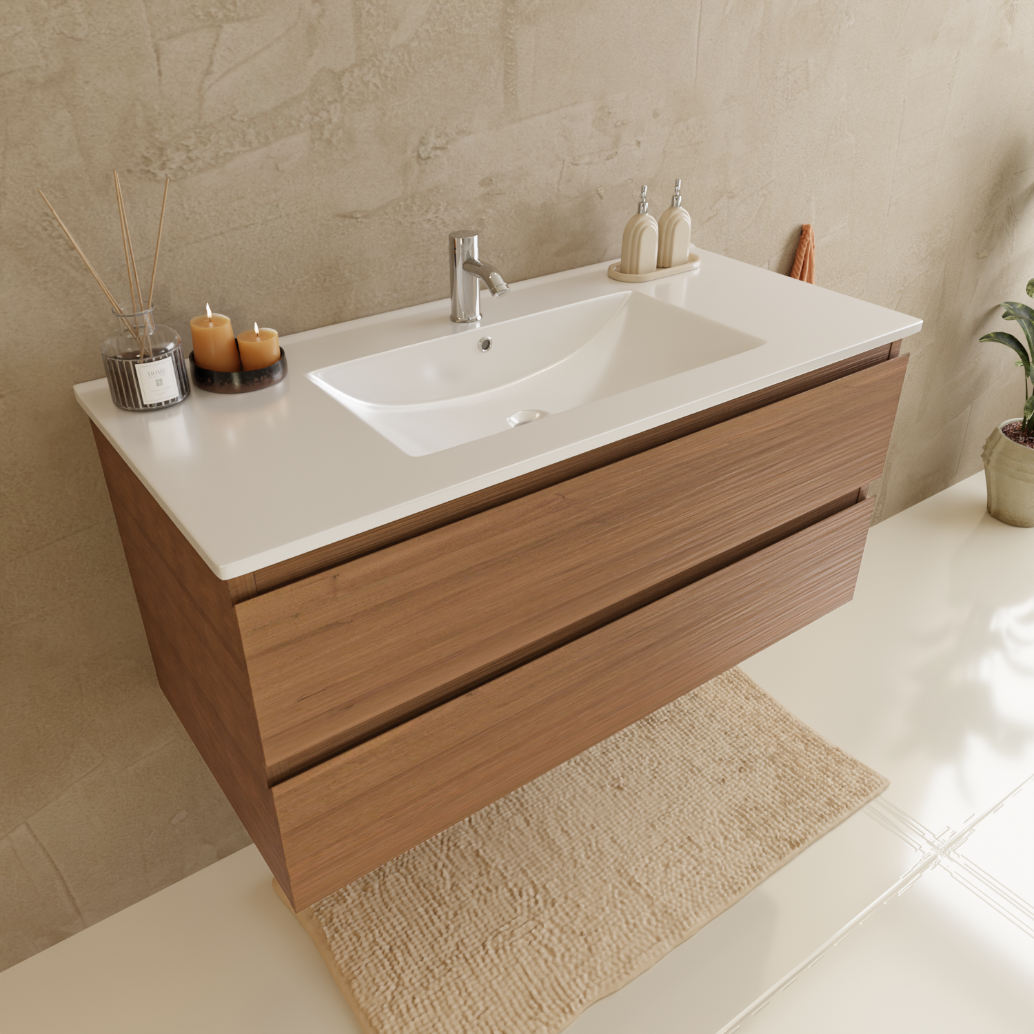 Badmöbelset VERONA 100 cm - Mit Hochschrank - Warmes Eichenholz - Waschbecken Weiß