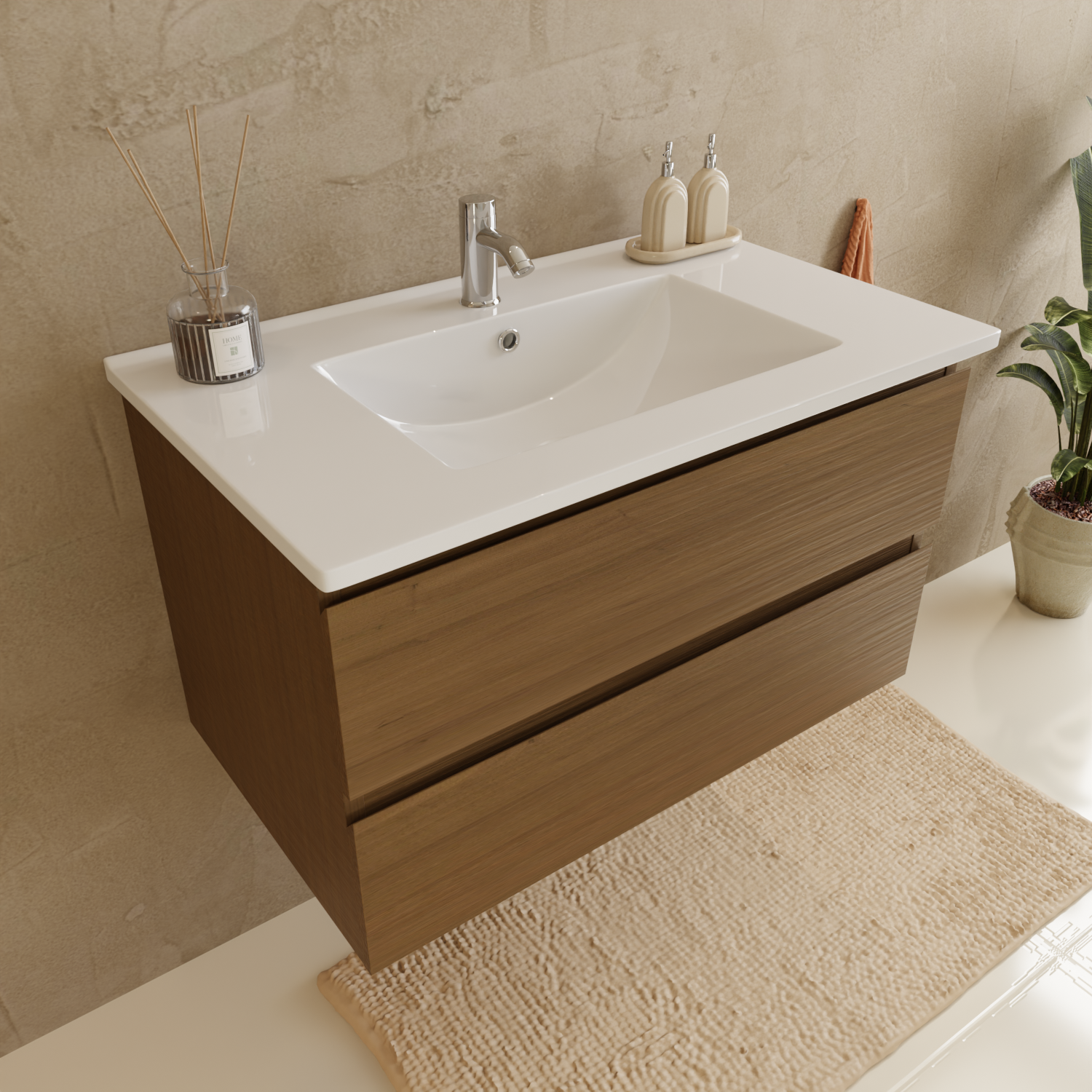 MARENZA Warmes Eichenholz - Waschbecken weiß - 80 cm