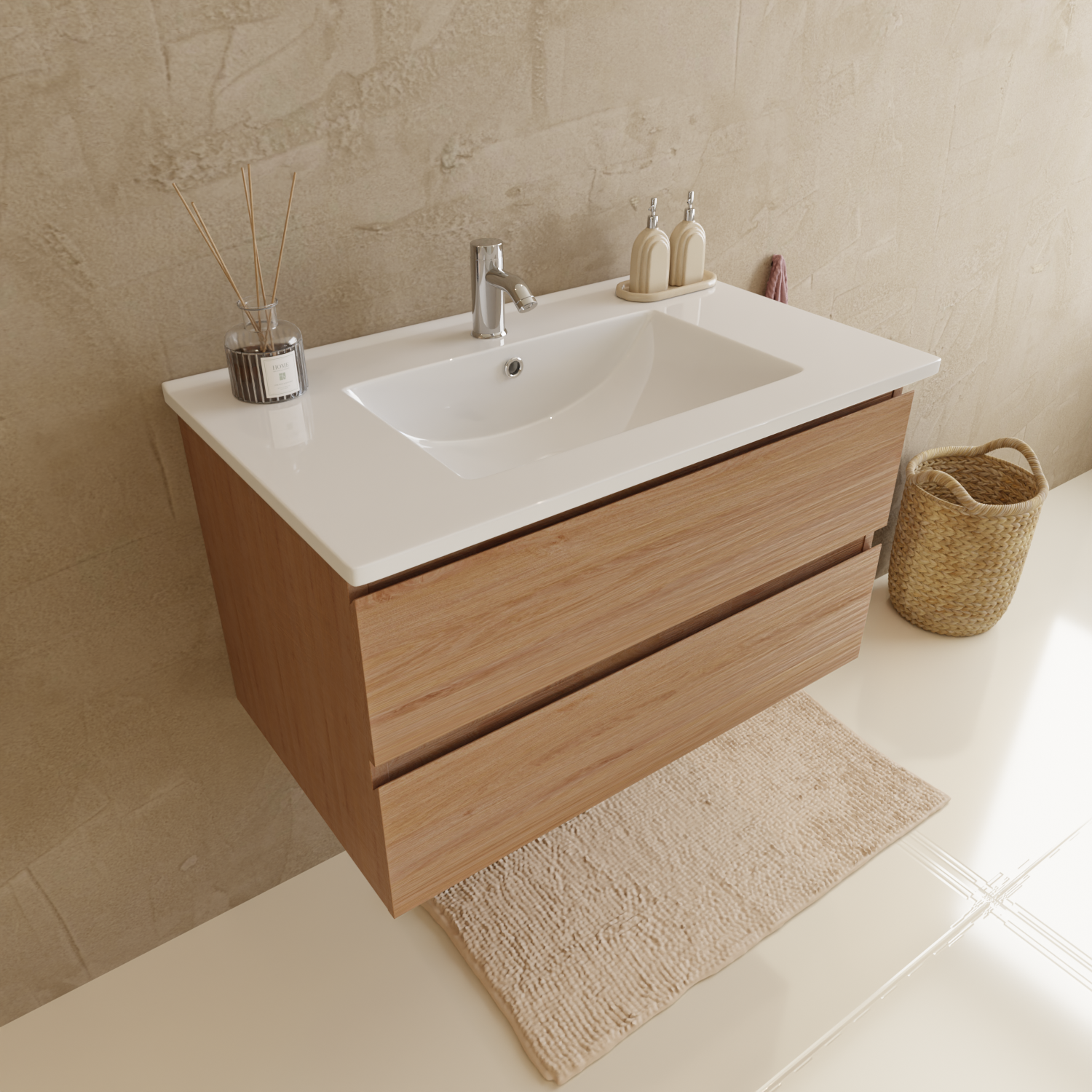 Badmöbelset VERONA 80 cm - Mit Hochschrank - Helles Eichenholz - Waschbecken Weiß