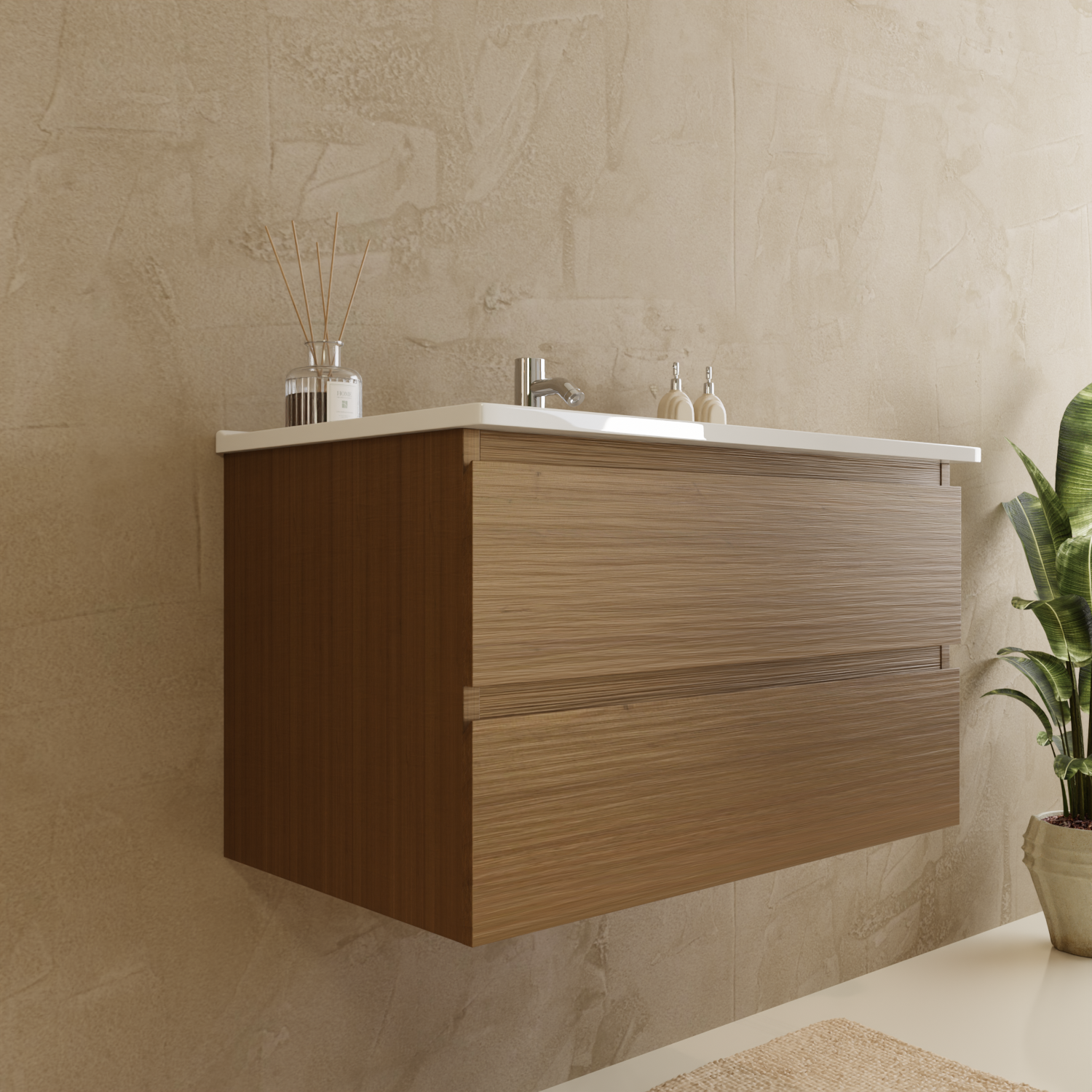 MARENZA Warmes Eichenholz - Waschbecken weiß - 80 cm