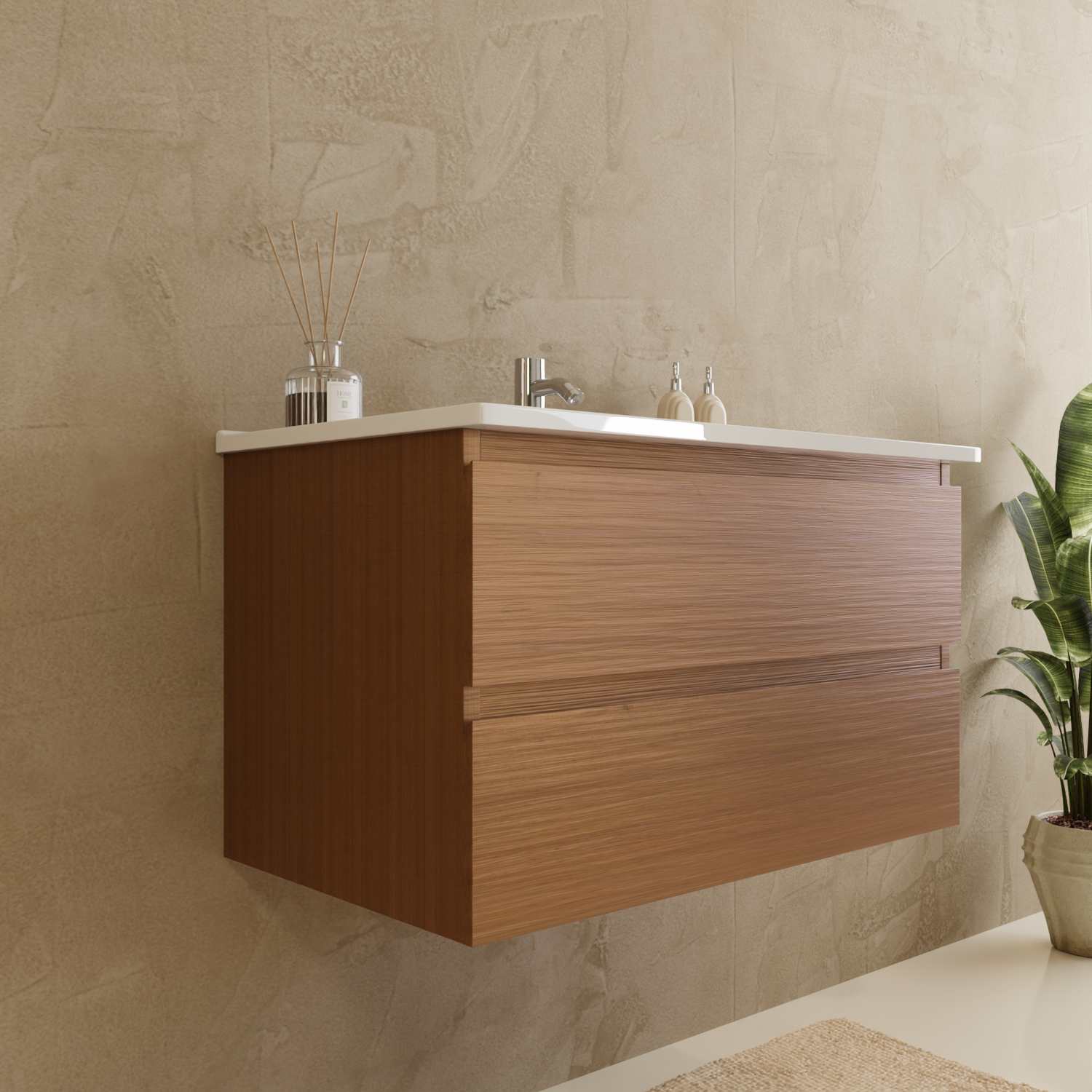 Badmöbelset VERONA 80 cm - Mit Hochschrank - Warmes Eichenholz - Waschbecken Weiß