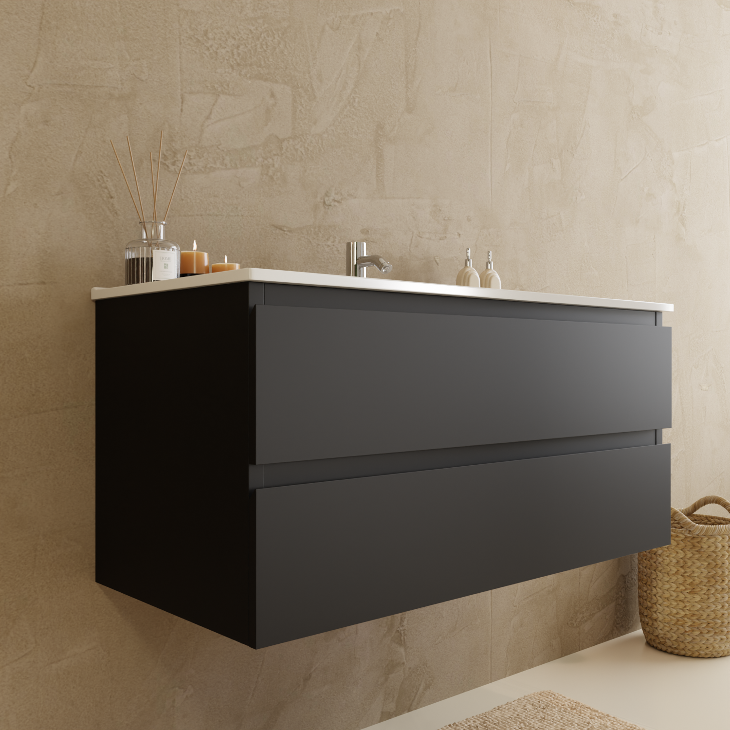 Badmöbelset VERONA 100 cm - Mit Hochschrank - Matt Schwarz - Waschbecken Weiß