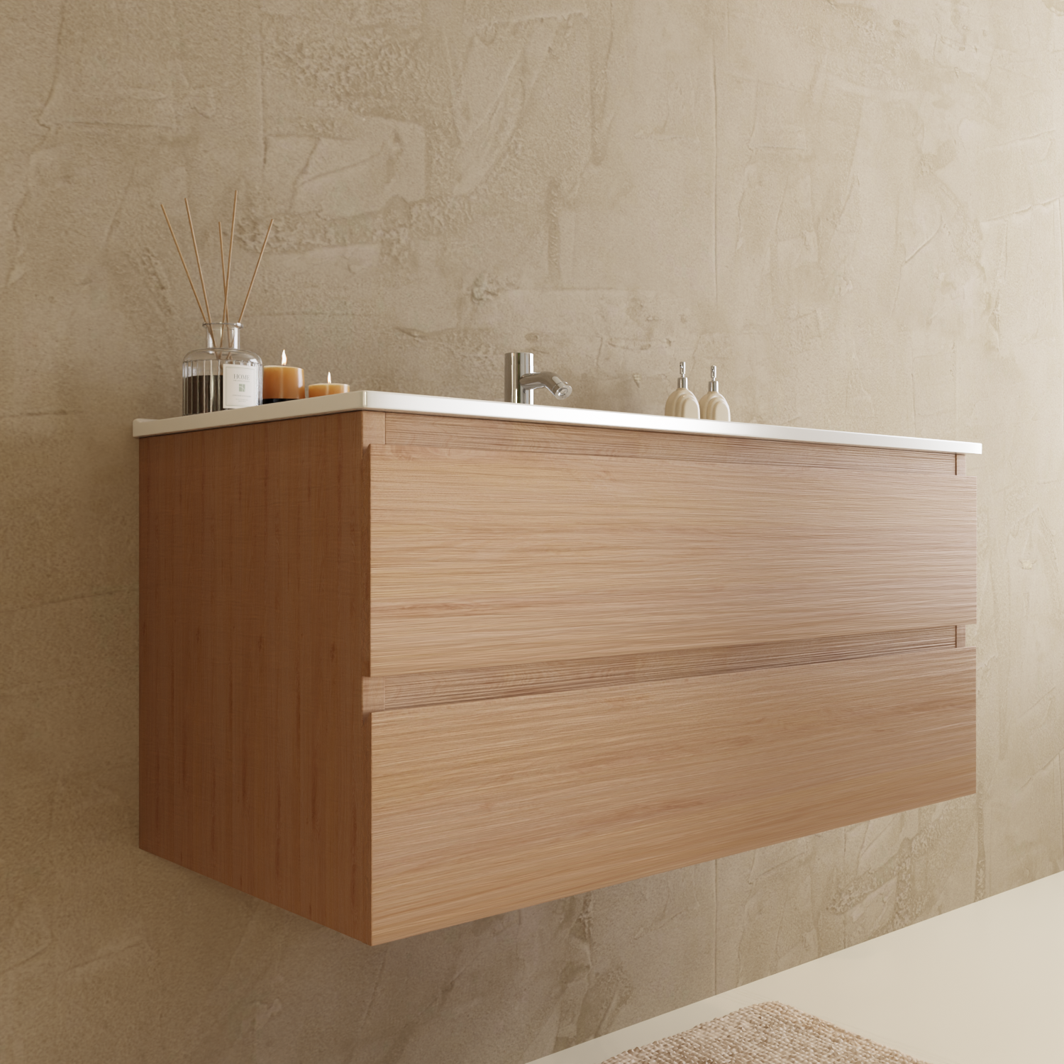 Badmöbelset VERONA 100 cm - Mit Hochschrank - Helles Eichenholz - Waschbecken Weiß