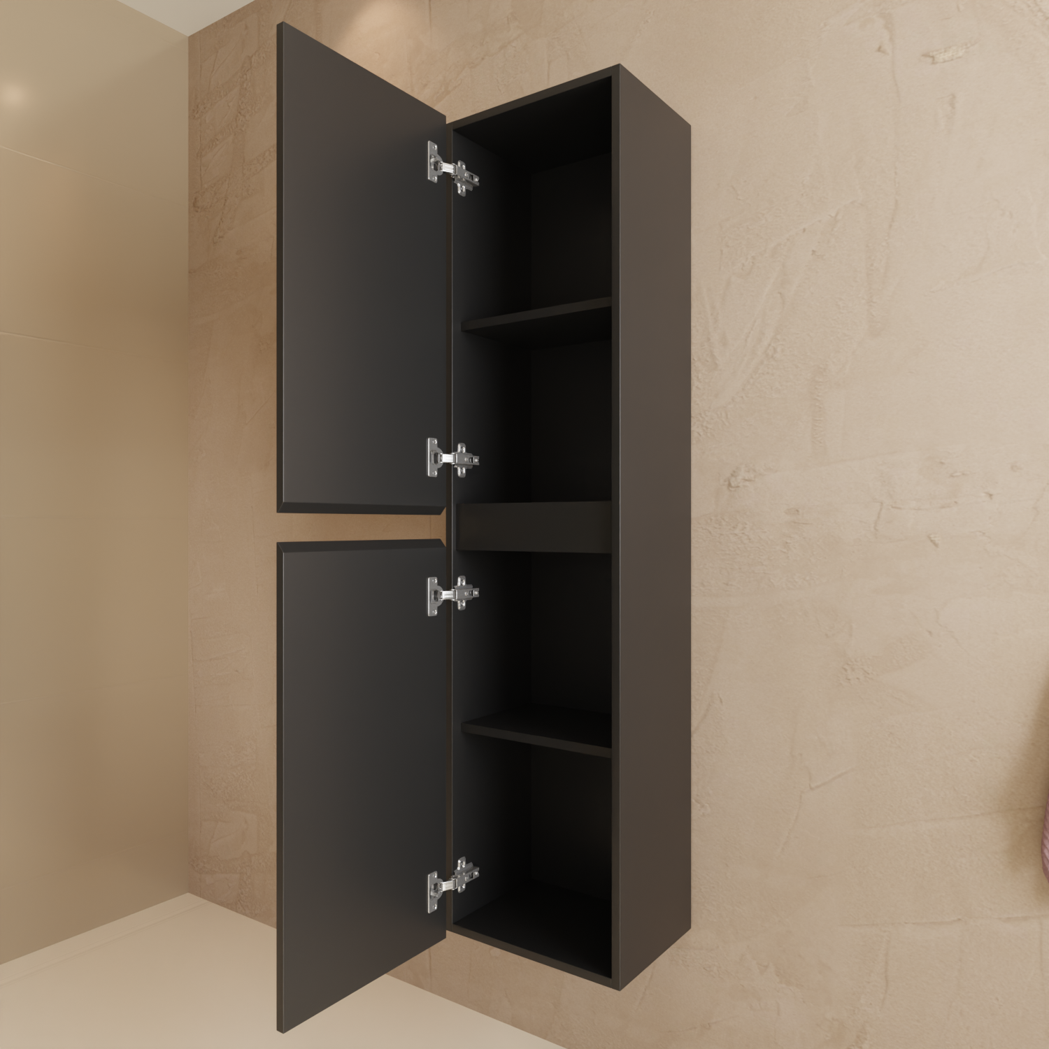 Badmöbelset VERONA 100 cm - Mit Hochschrank - Matt Schwarz - Waschbecken Weiß