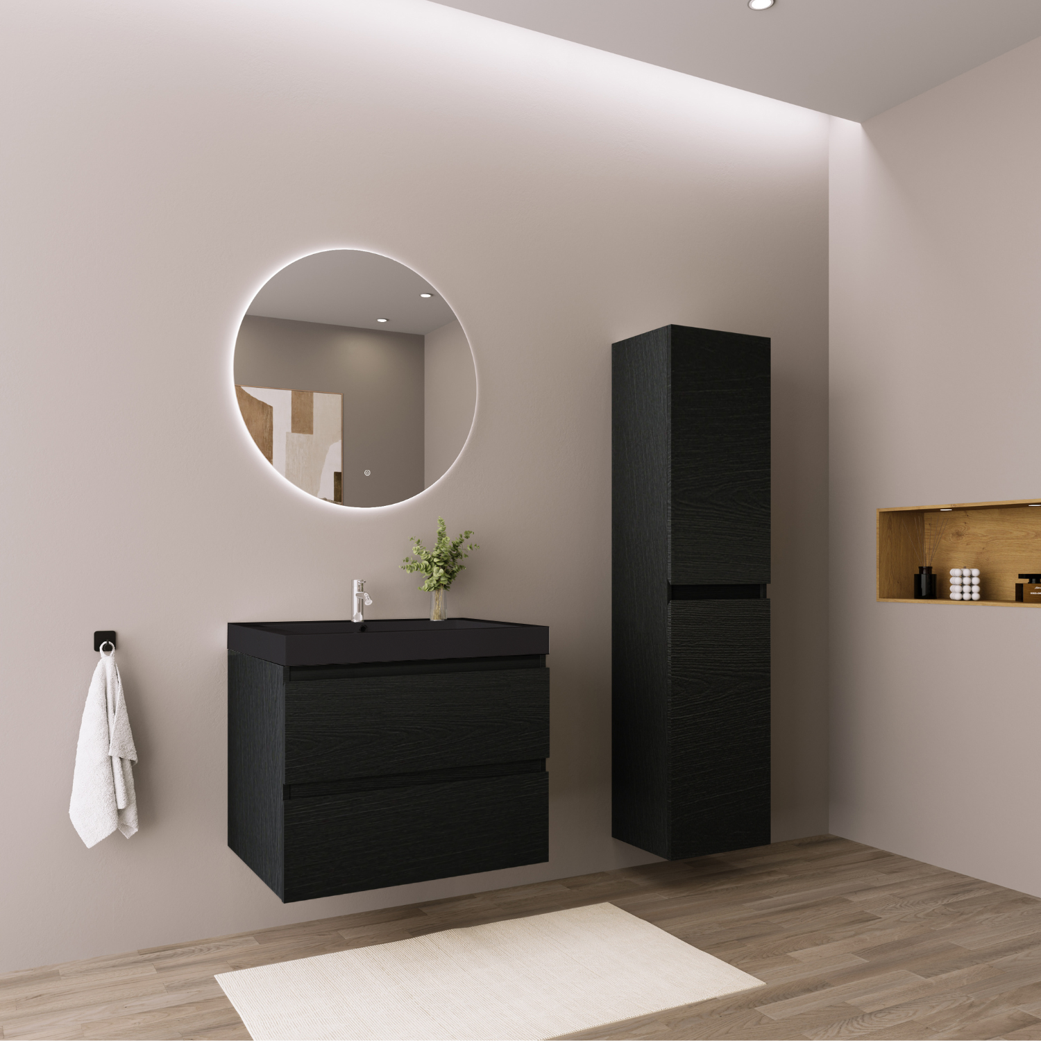 Badmöbelset AVALON 60 cm - Mit Hochschrank - Schwarzes Eichenholz - Waschbecken Schwarz