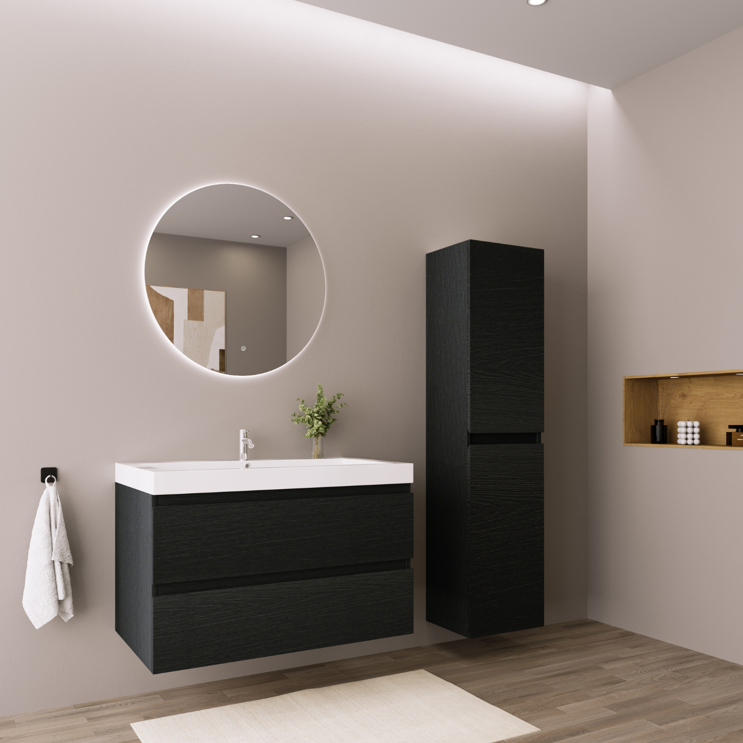Badmöbelset AVALON 80 cm - Mit Hochschrank - Schwarzes Eichenholz - Waschbecken Weiß