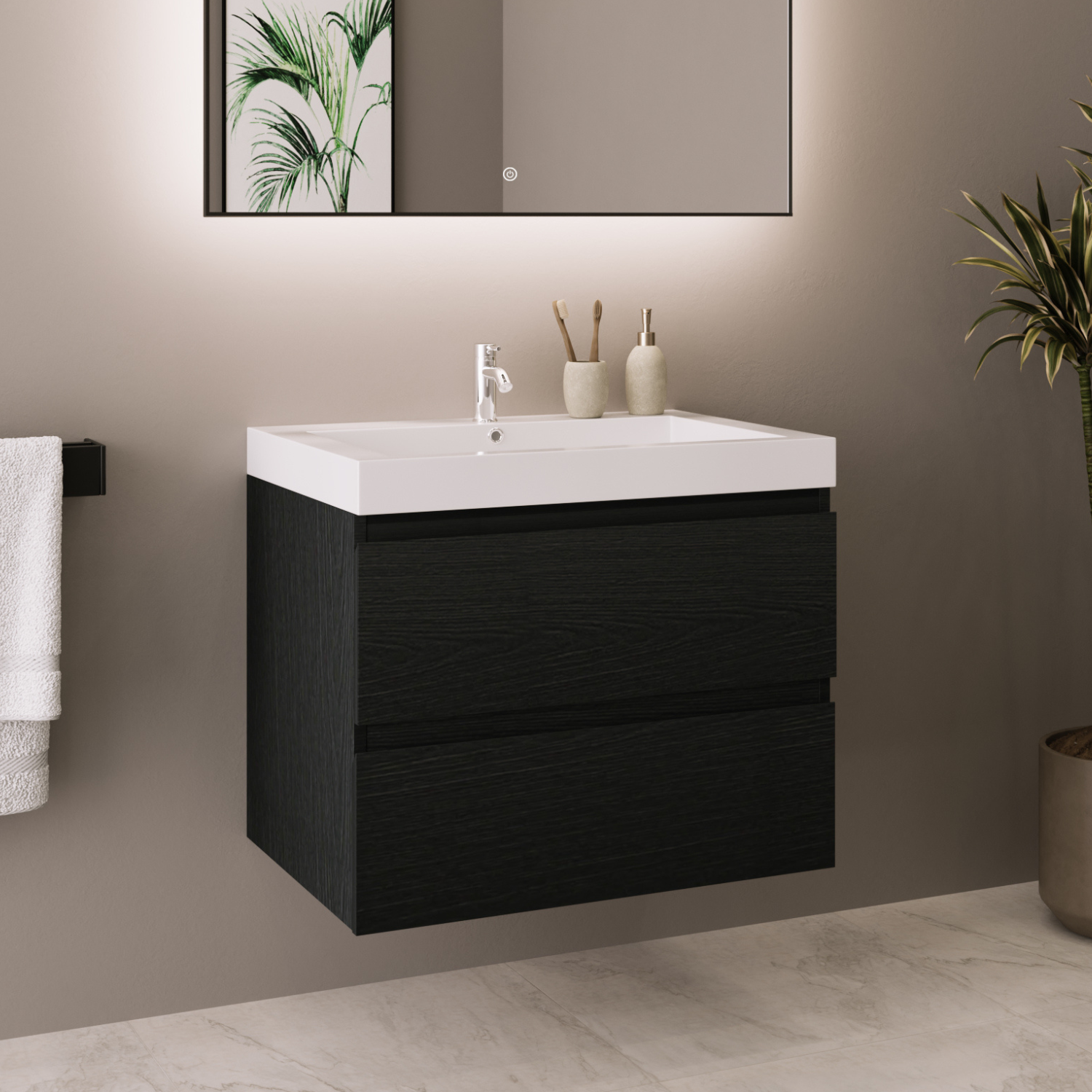 MONACO Schwarzes Eichenholz - Waschbecken Weiß - 60 cm