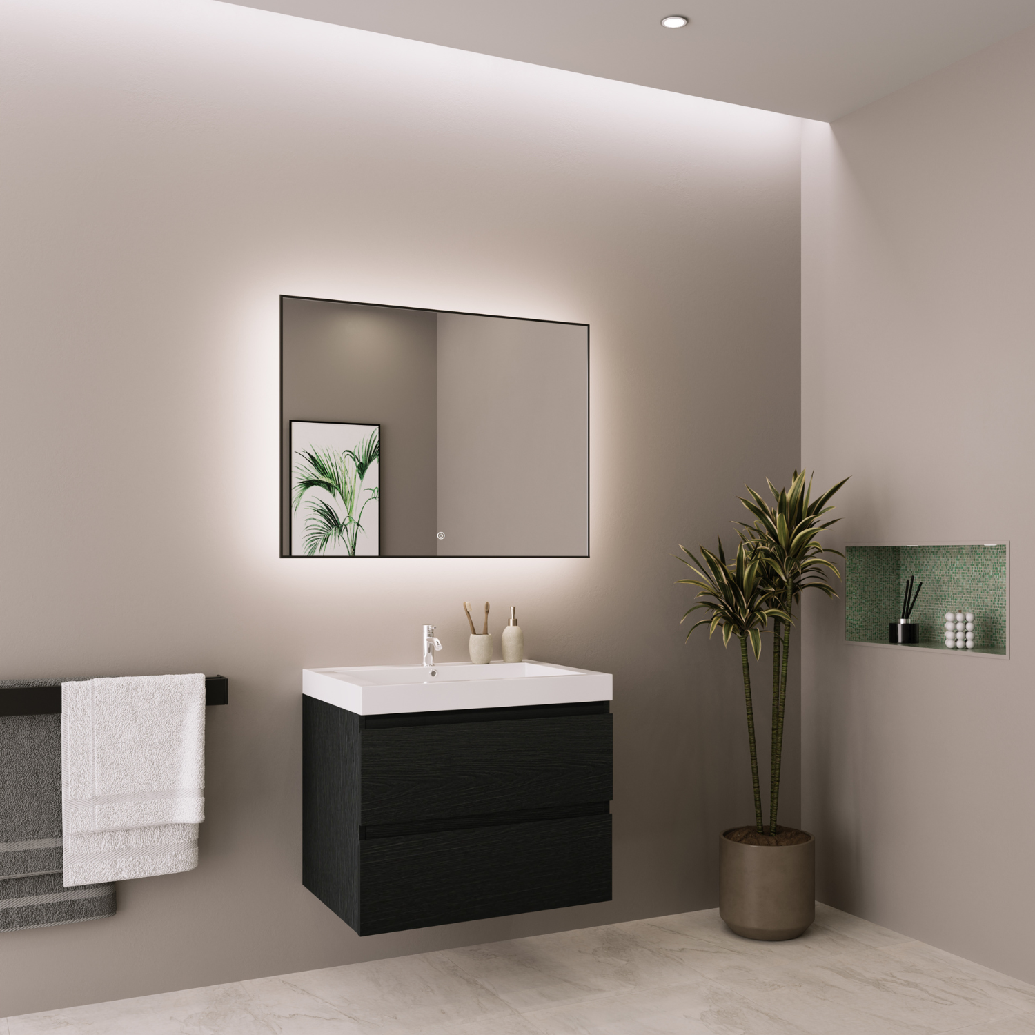 MONACO Schwarzes Eichenholz - Waschbecken Weiß - 60 cm