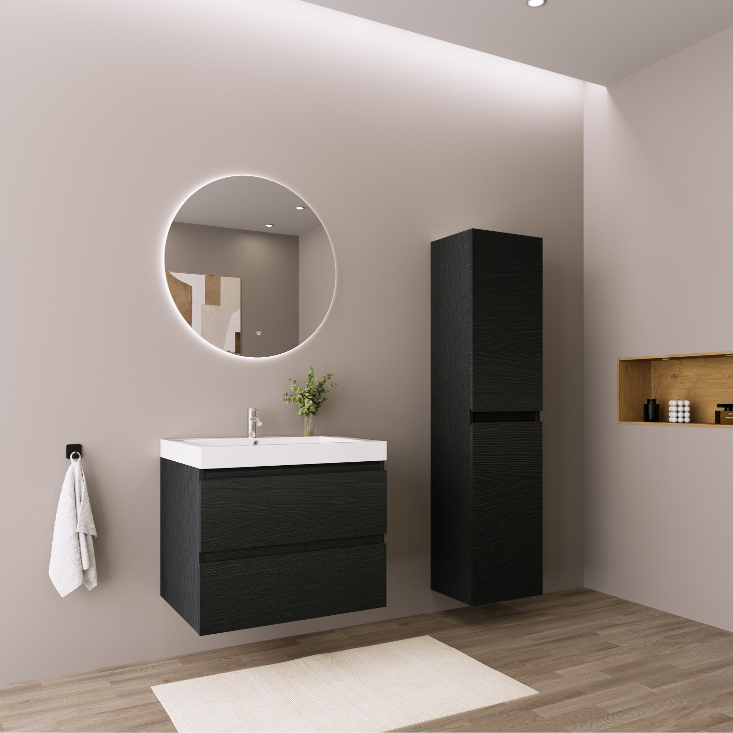 Badmöbelset AVALON 60 cm - Mit Hochschrank - Schwarzes Eichenholz - Waschbecken Weiß