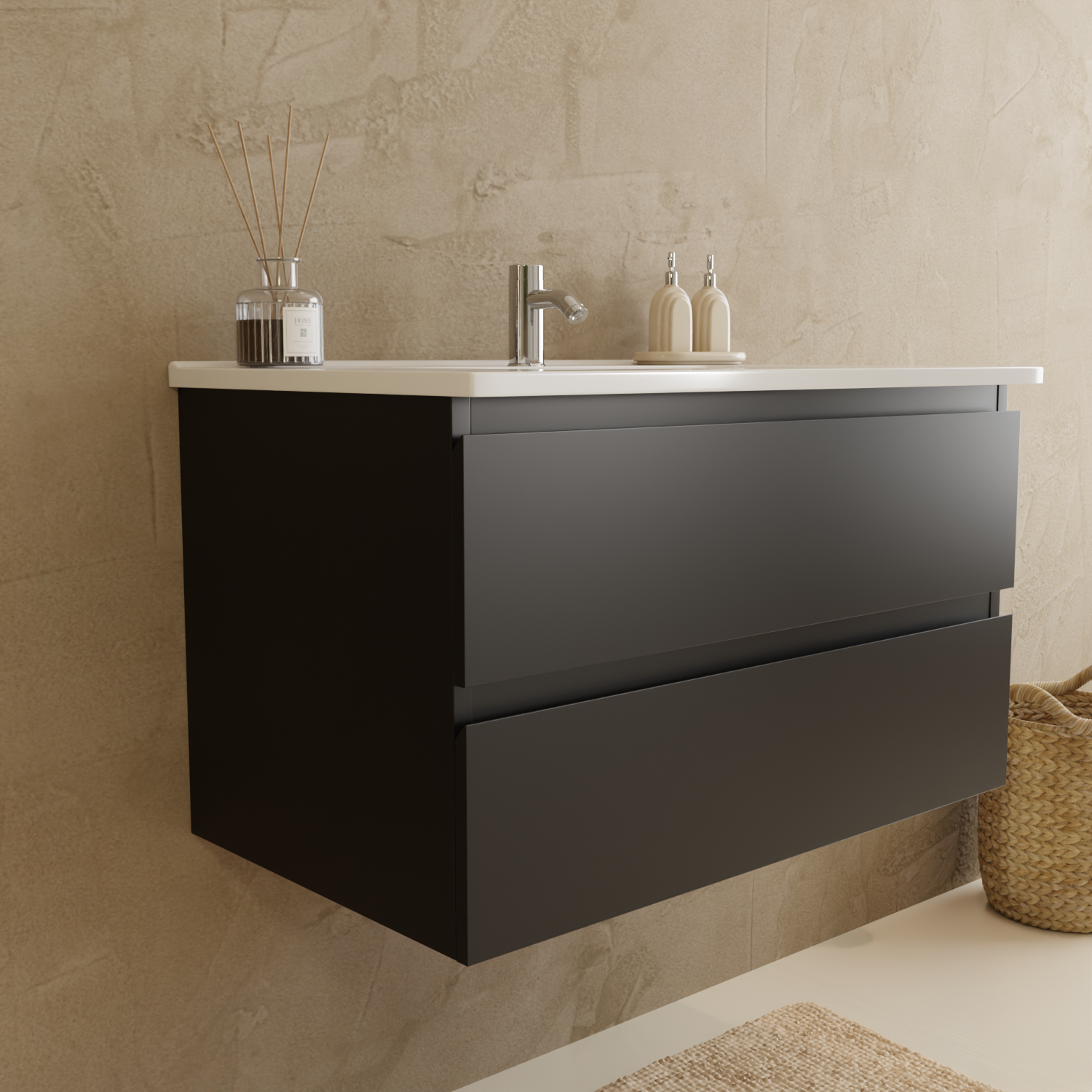 Badmöbelset VERONA 80 cm - Mit Hochschrank - Matt Schwarz - Waschbecken Weiß