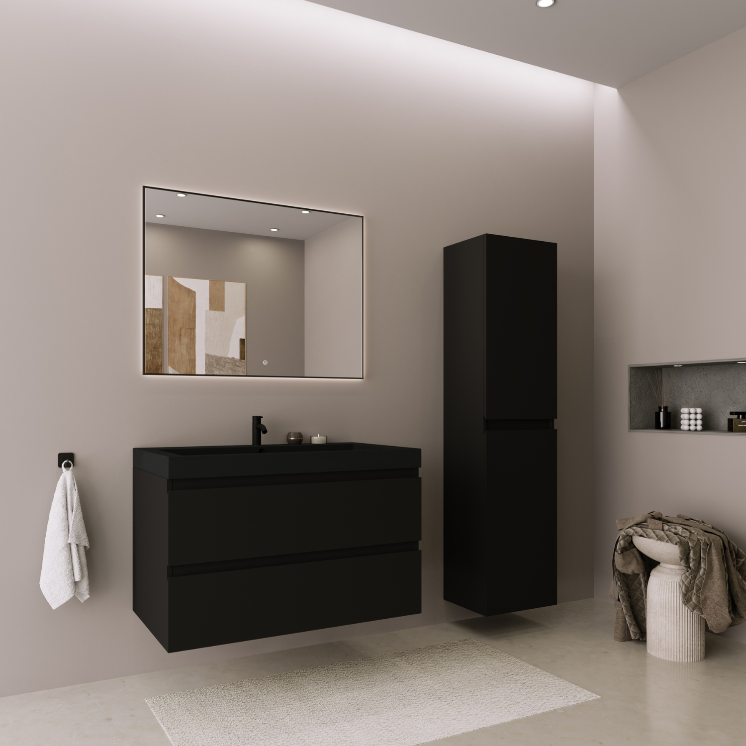 Badmöbelset AVALON 80 cm - Mit Schwarzem Hochschrank - Matt Schwarz - Waschbecken Schwarz