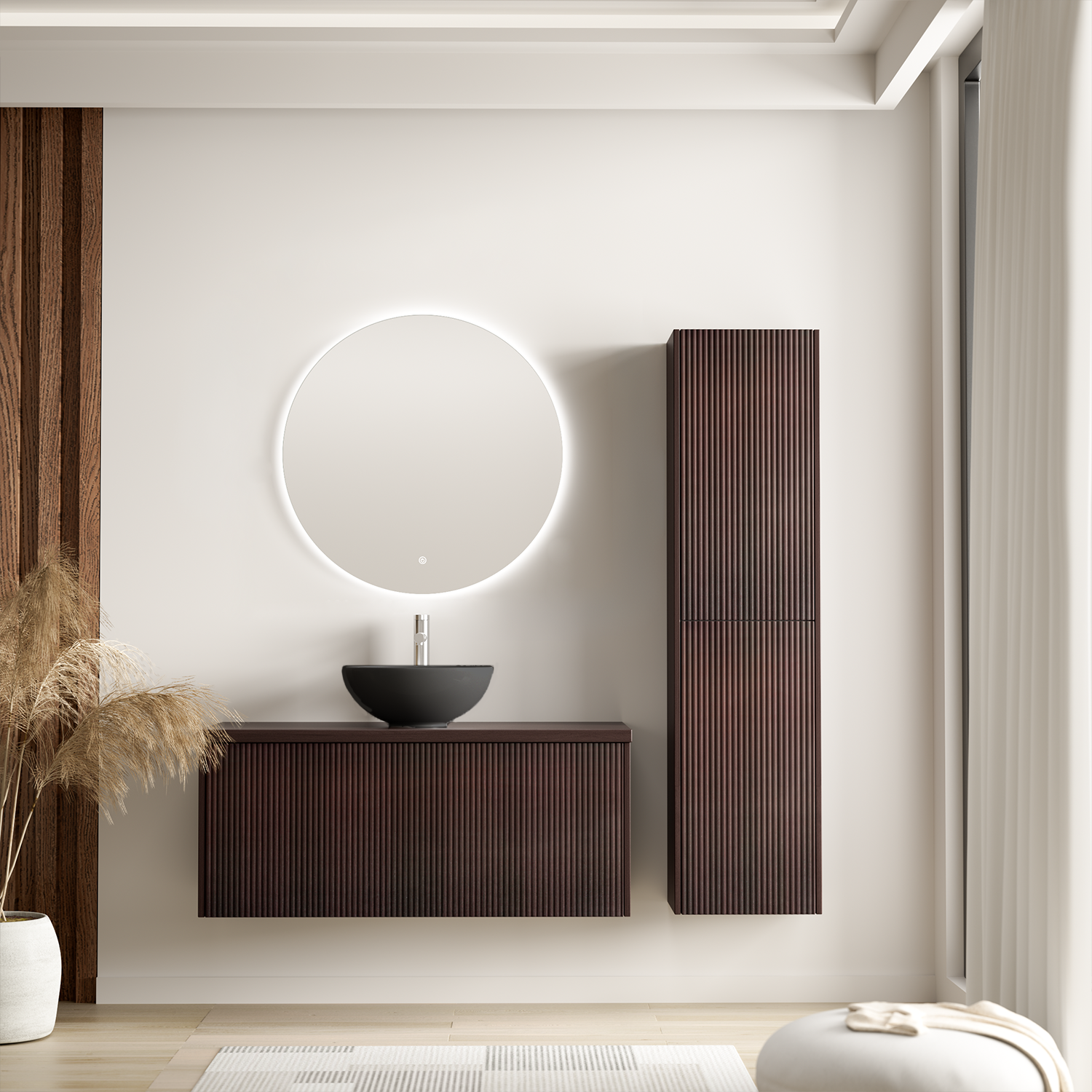 Badmöbelset TROPANI Walnuss Geriffelt - Aufsatzwaschbecken Schwarz - 100 cm