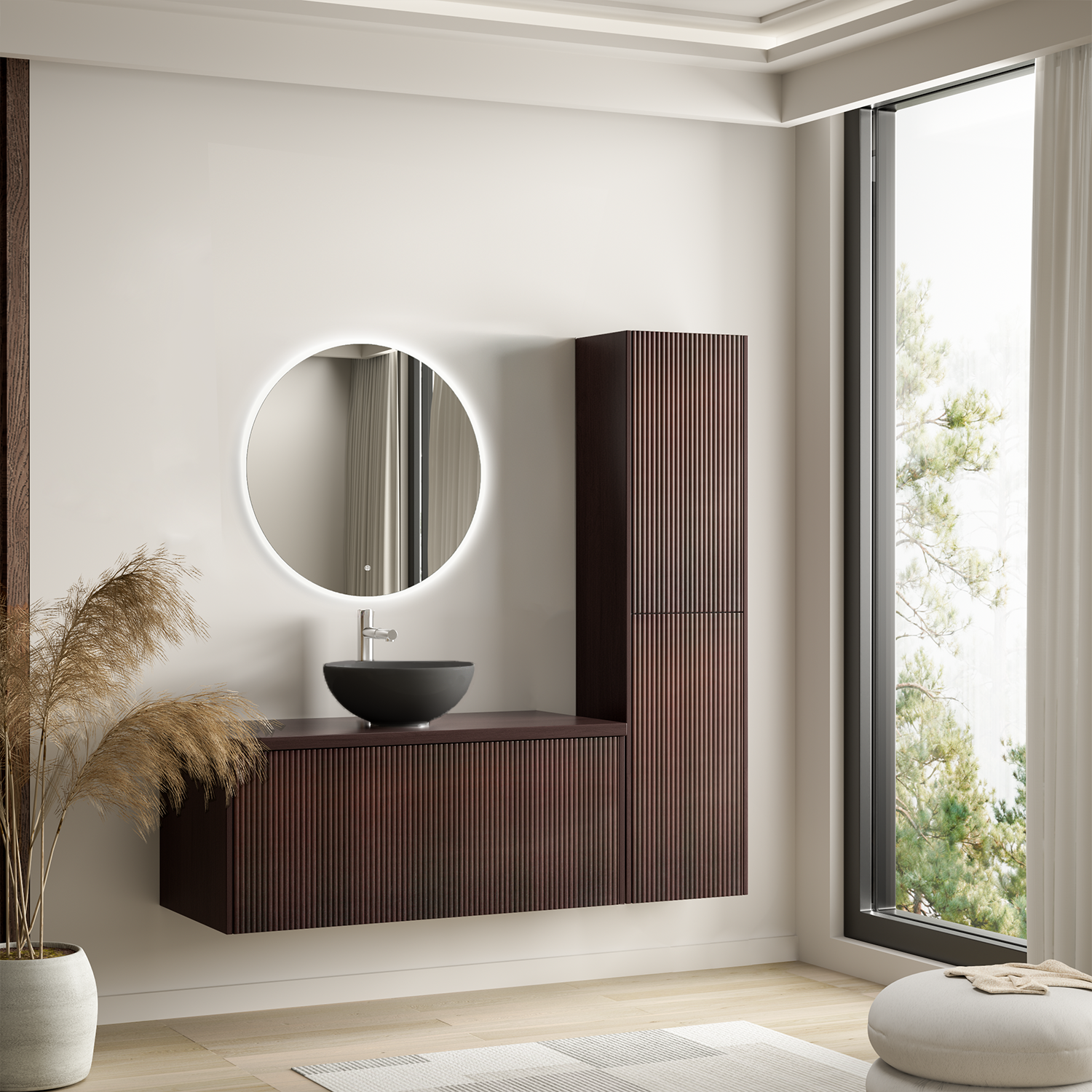 Badmöbelset TROPANI Walnuss Geriffelt - Aufsatzwaschbecken Schwarz - 100 cm