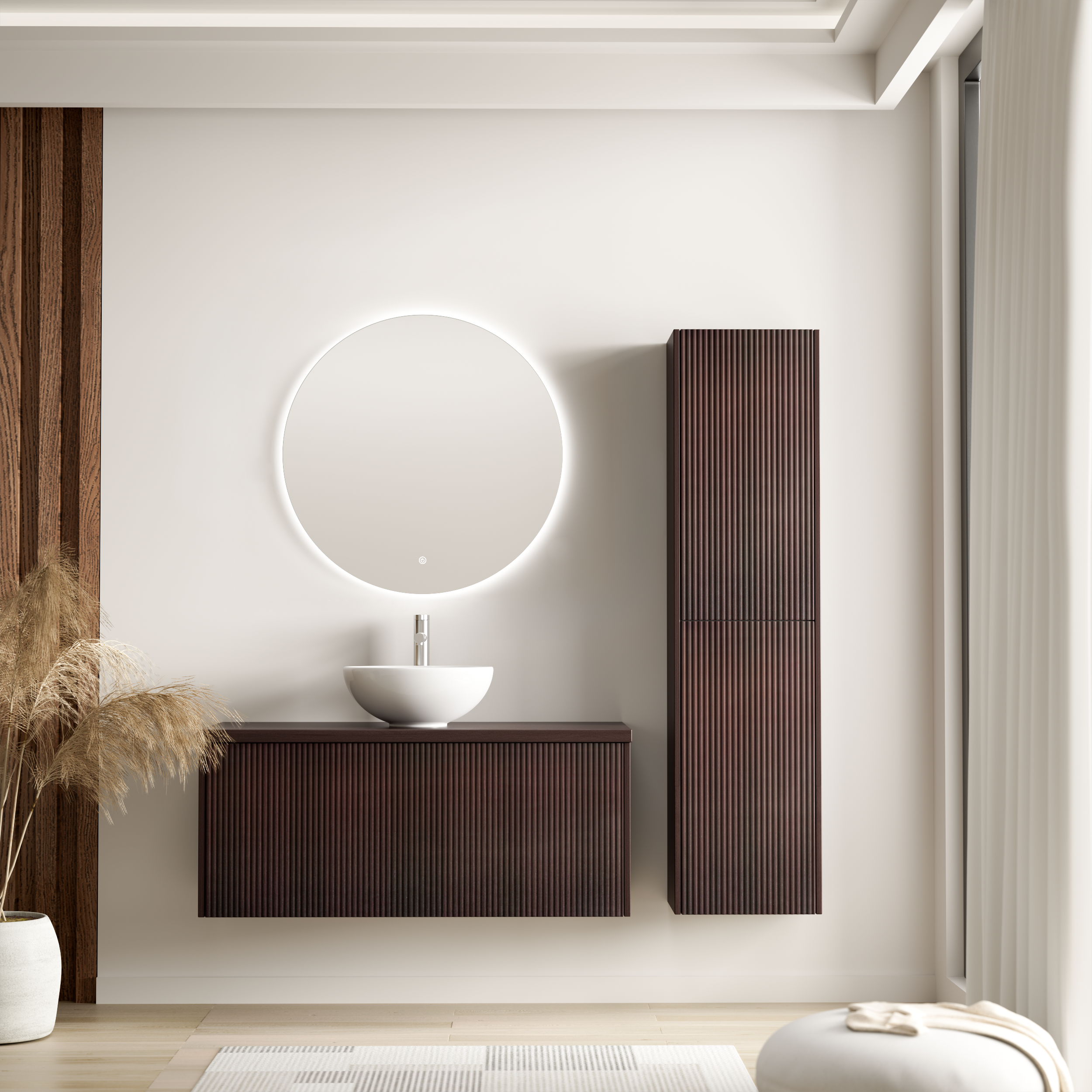 Badmöbelset TROPANI Walnuss Geriffelt - Aufsatzwaschbecken Weiß - 100 cm