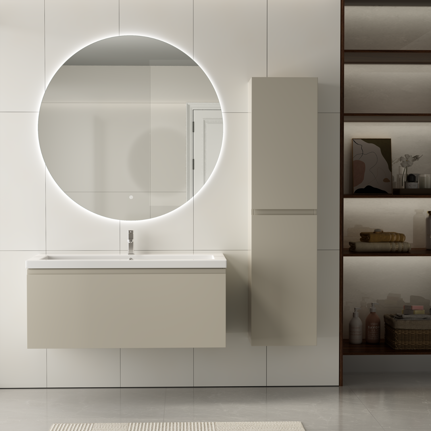 Badmöbelset SORRENTO 100 cm - Mit Hochschrank - Greige - Waschbecken Weiß