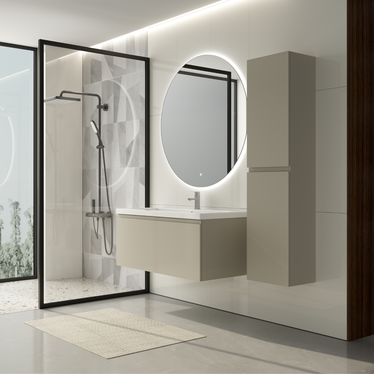 Badmöbelset SORRENTO 100 cm - Mit Hochschrank - Greige - Waschbecken Weiß