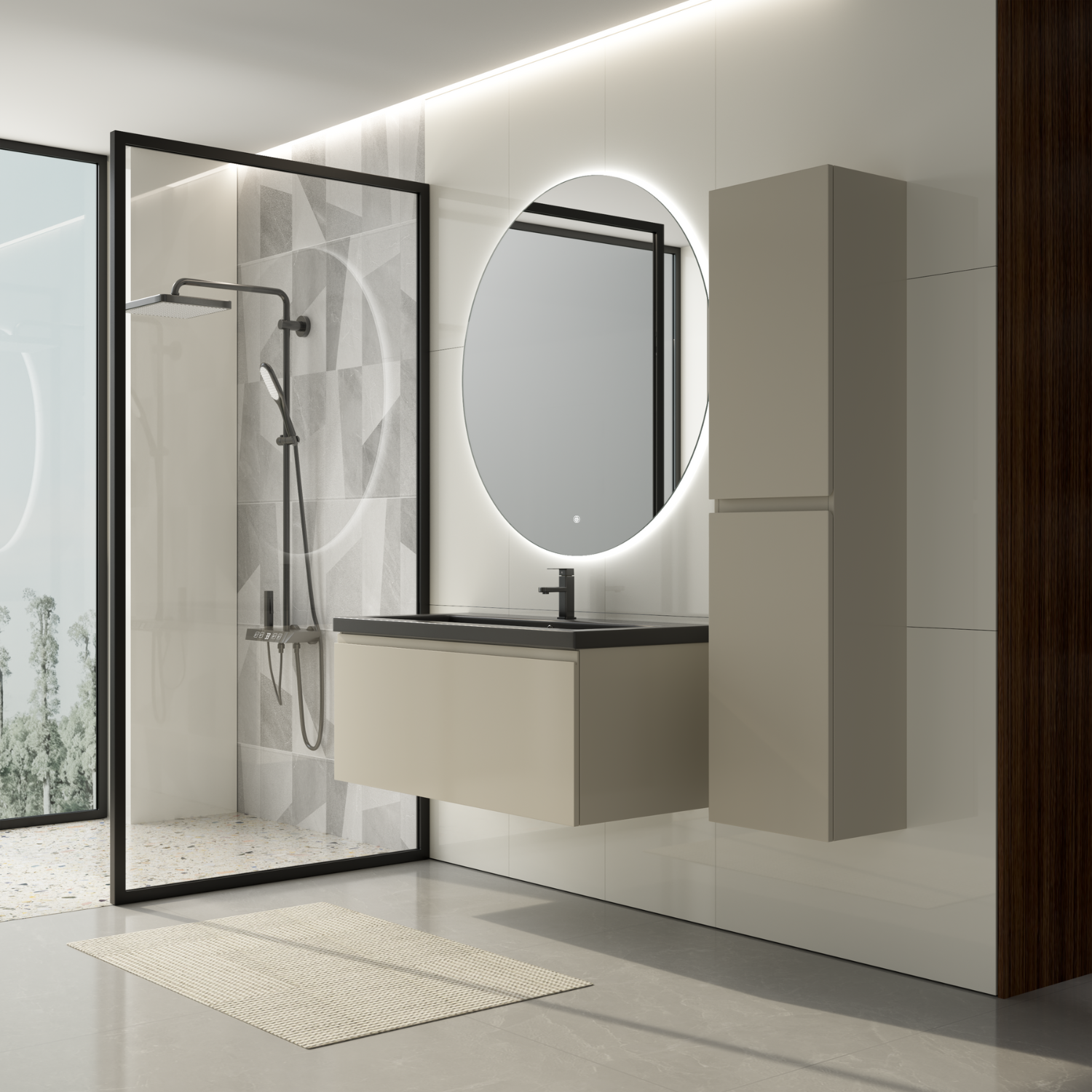 Badmöbelset SORRENTO 100 cm - Mit Hochschrank - Greige - Waschbecken Schwarz