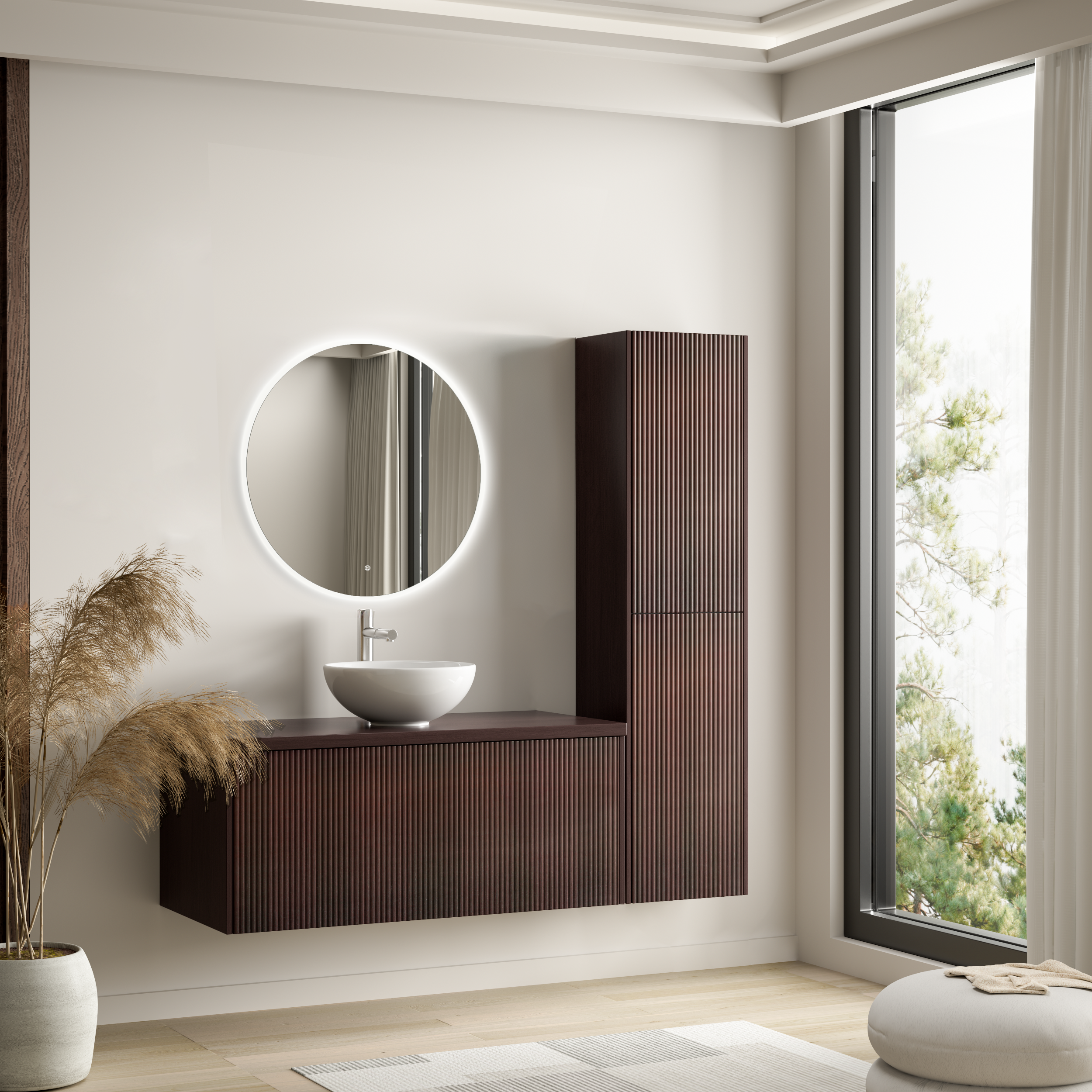 Badmöbelset TROPANI Walnuss Geriffelt - Aufsatzwaschbecken Weiß - 100 cm