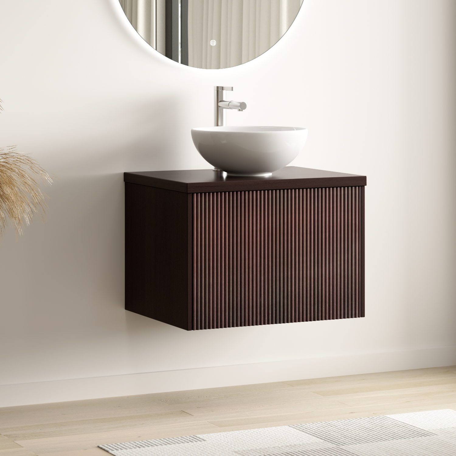 MESSINA Geriffelt Walnuss - Aufsatzwaschbecken Weiß - 60 cm