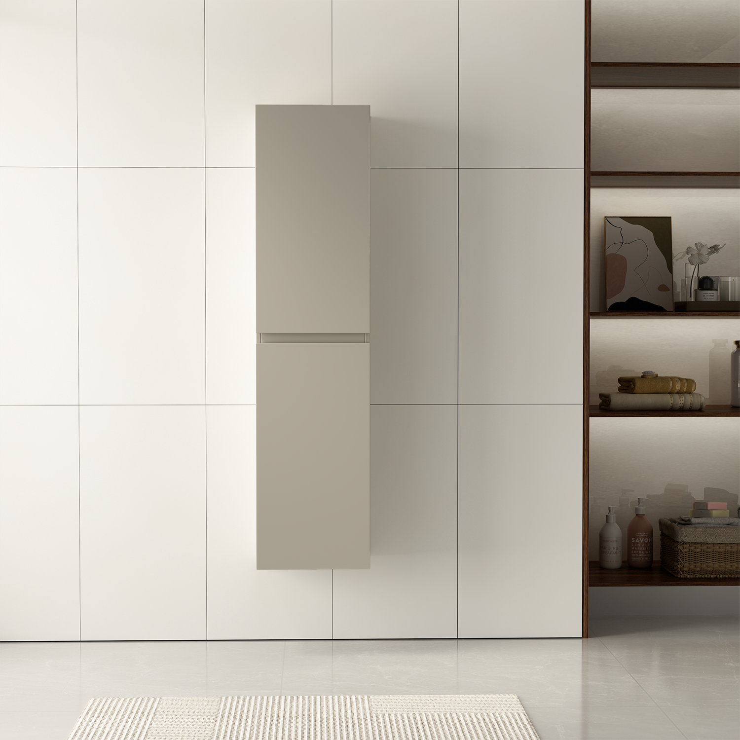 Badmöbelset SORRENTO 60 cm - Mit Hochschrank - Greige - Waschbecken Weiß