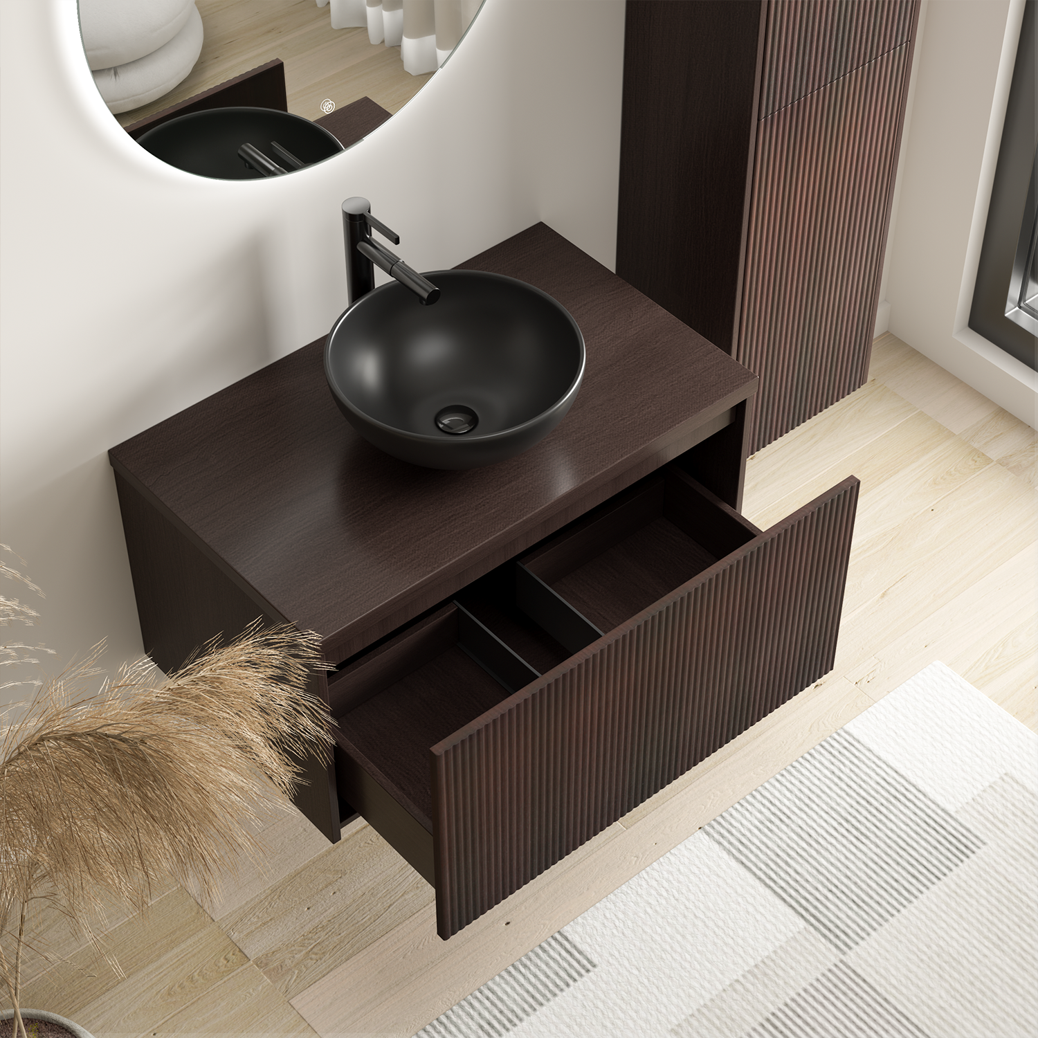 Badmöbelset TROPANI Walnuss Geriffelt - Aufsatzwaschbecken Schwarz - 80 cm
