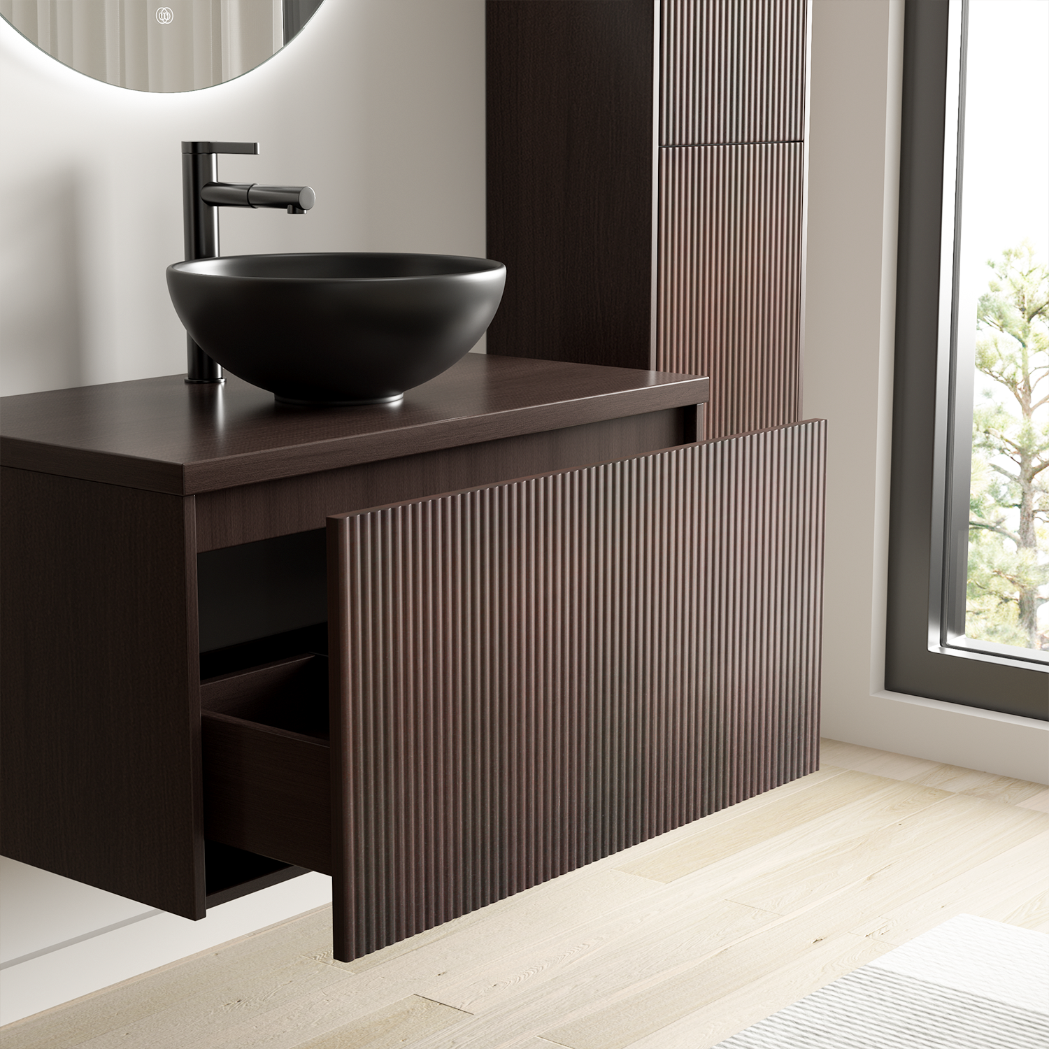 Badmöbelset TROPANI Walnuss Geriffelt - Aufsatzwaschbecken Schwarz - 80 cm