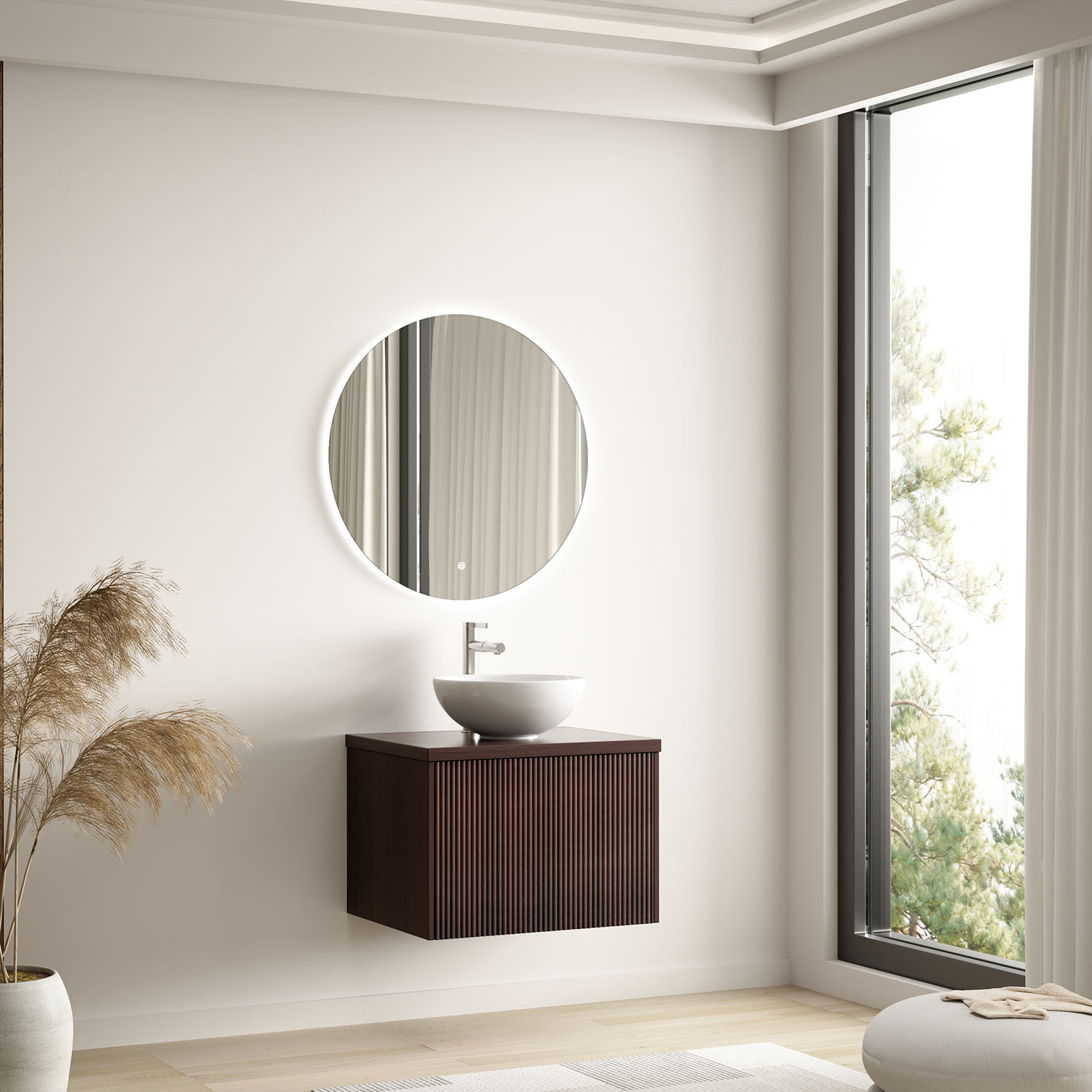 MESSINA Geriffelt Walnuss - Aufsatzwaschbecken Weiß - 60 cm