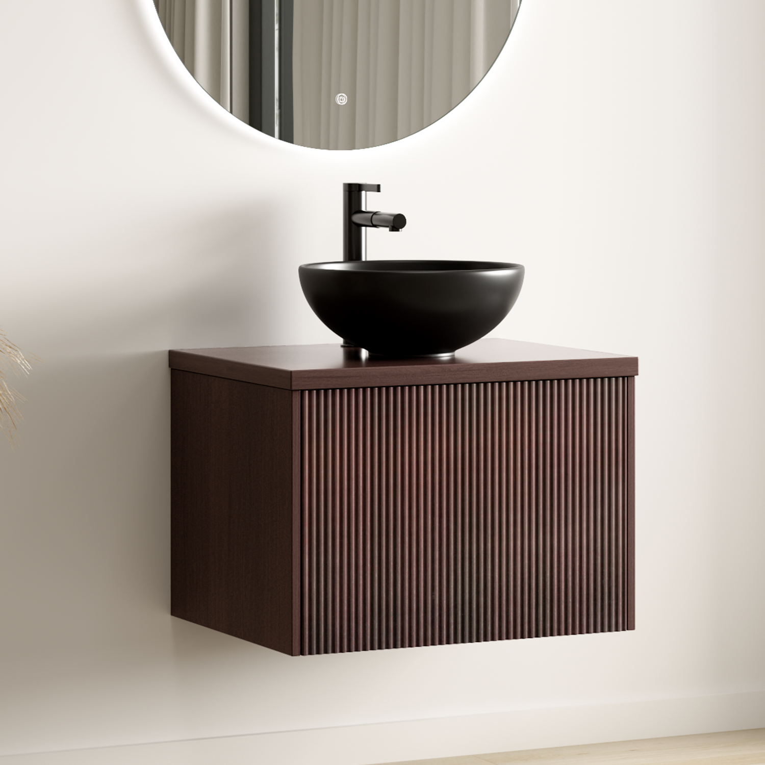 MESSINA Geriffelt Walnuss - Aufsatzwaschbecken Schwarz - 60 cm