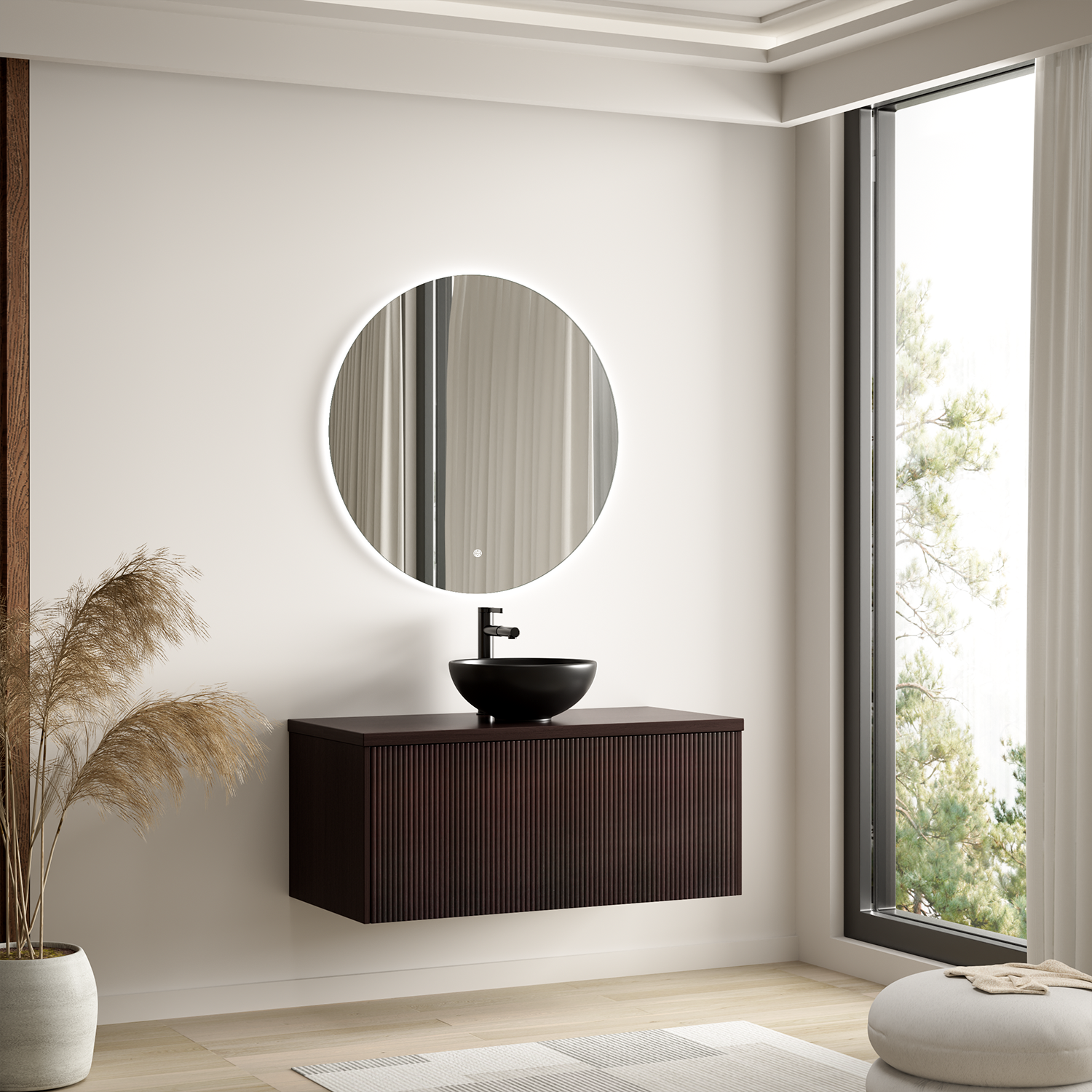 MESSINA Geriffelt Walnuss - Aufsatzwaschbecken Schwarz - 100 cm