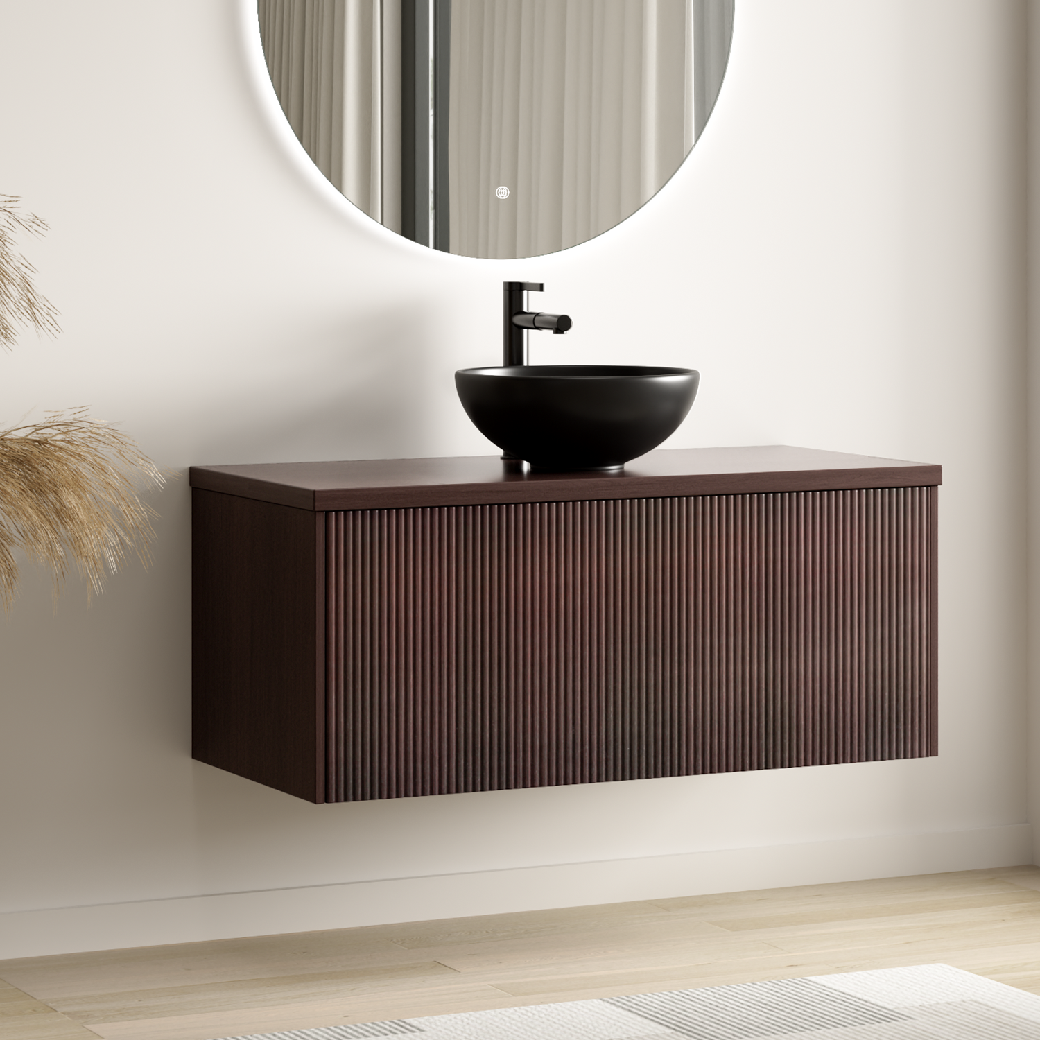 MESSINA Geriffelt Walnuss - Aufsatzwaschbecken Schwarz - 100 cm