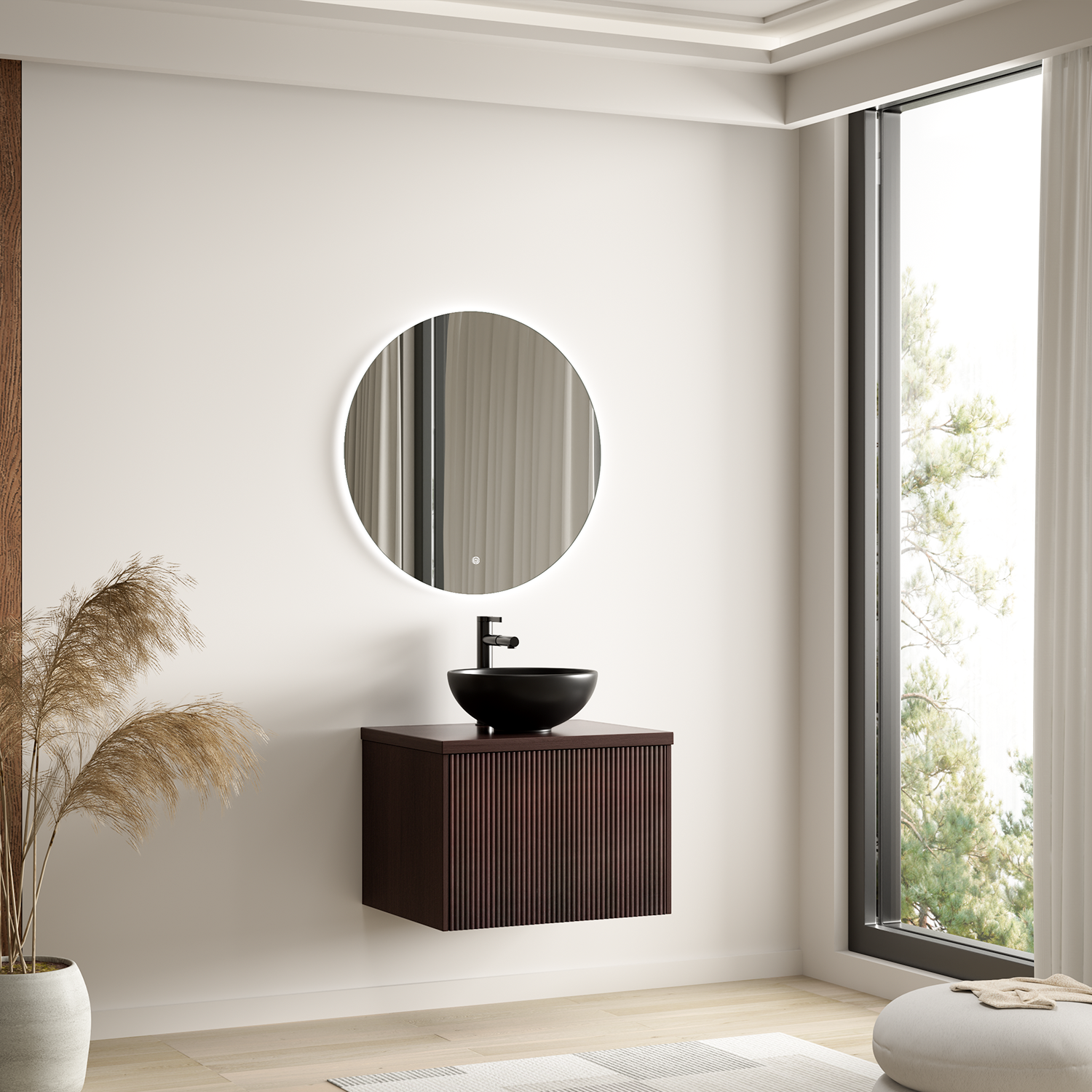 MESSINA Geriffelt Walnuss - Aufsatzwaschbecken Schwarz - 60 cm