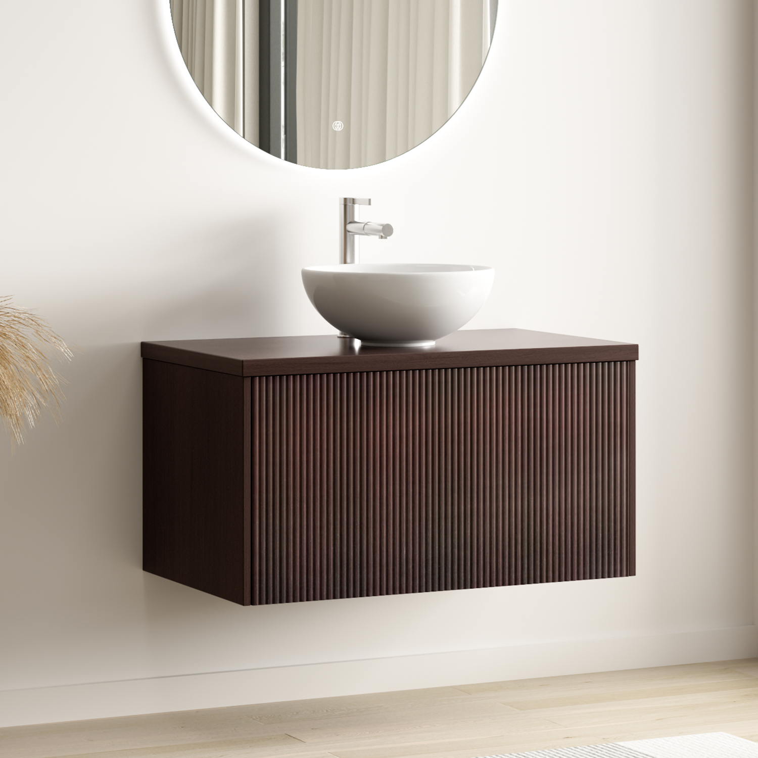 MESSINA Geriffelt Walnuss - Aufsatzwaschbecken Weiß - 80 cm