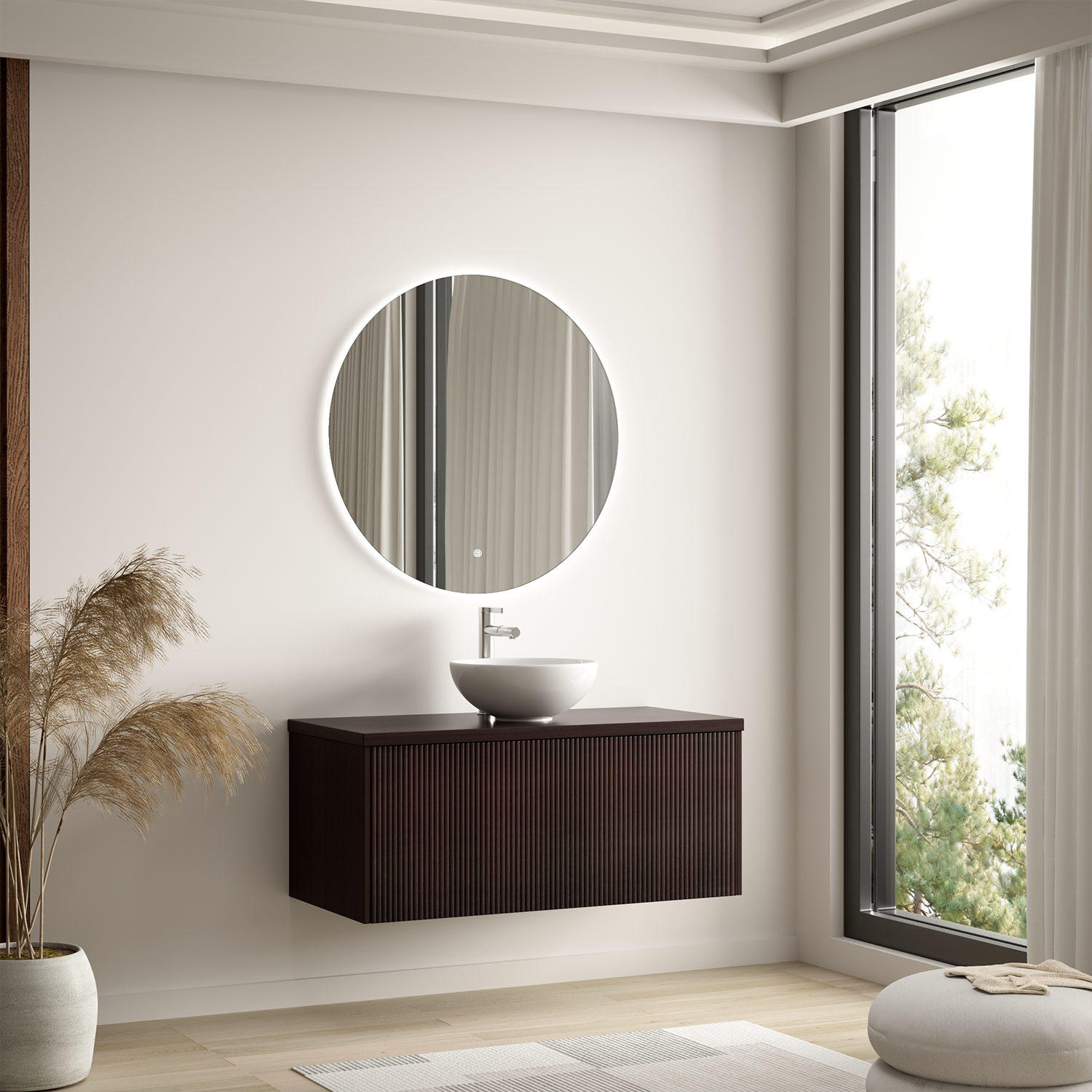 MESSINA Geriffelt Walnuss - Aufsatzwaschbecken Weiß - 100 cm