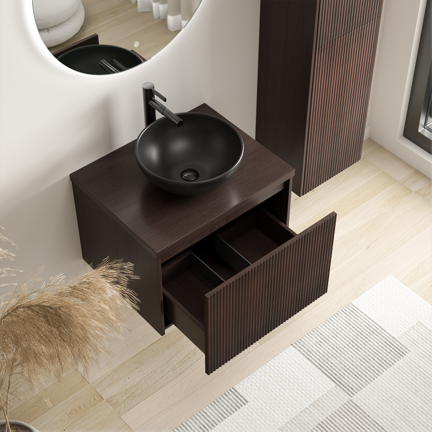 Badmöbelset TROPANI Walnuss Geriffelt - Aufsatzwaschbecken Schwarz - 60 cm