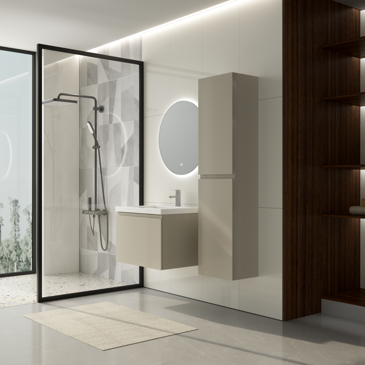 Badmöbelset SORRENTO 60 cm - Mit Hochschrank - Greige - Waschbecken Weiß