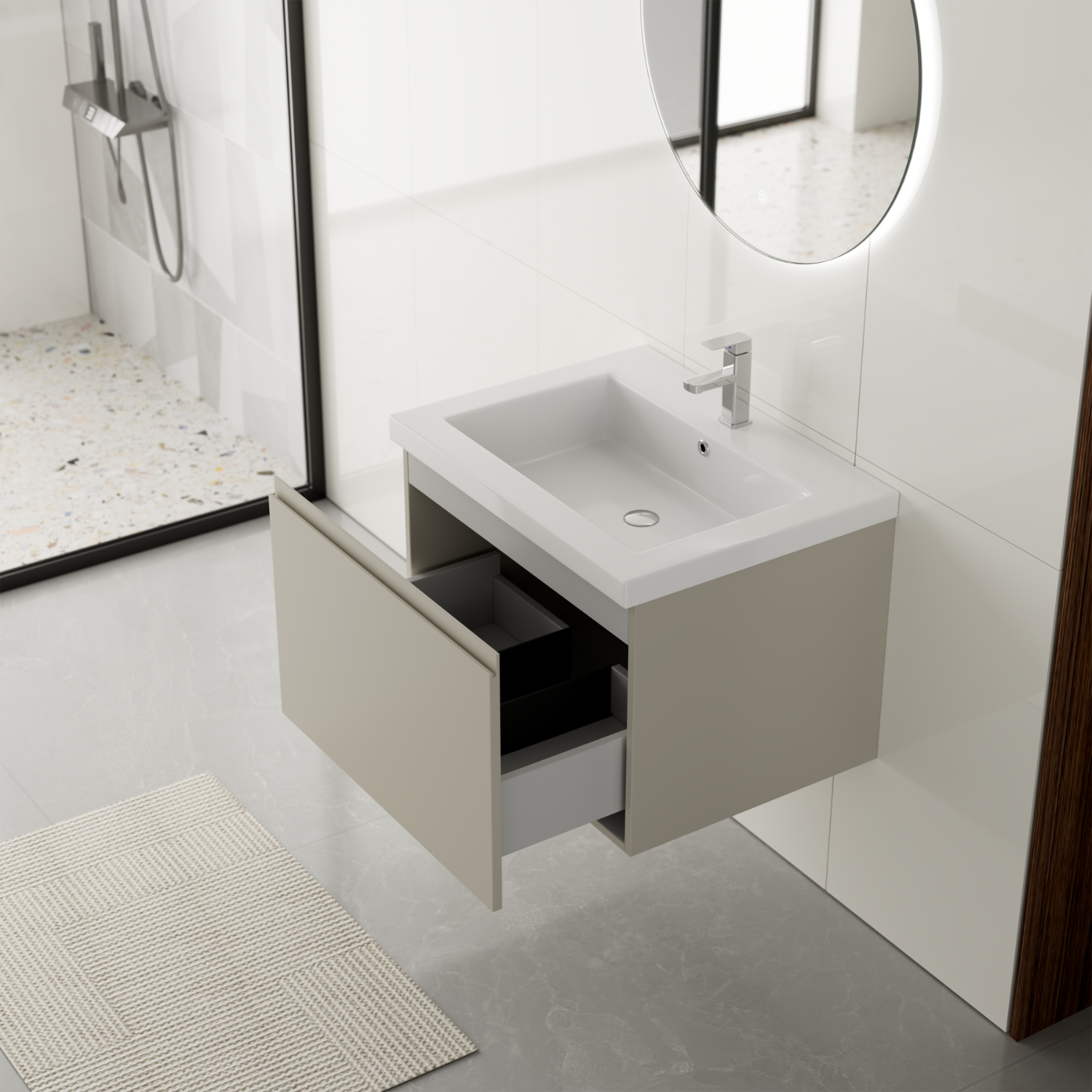 Badmöbelset SORRENTO 60 cm - Mit Hochschrank - Greige - Waschbecken Weiß